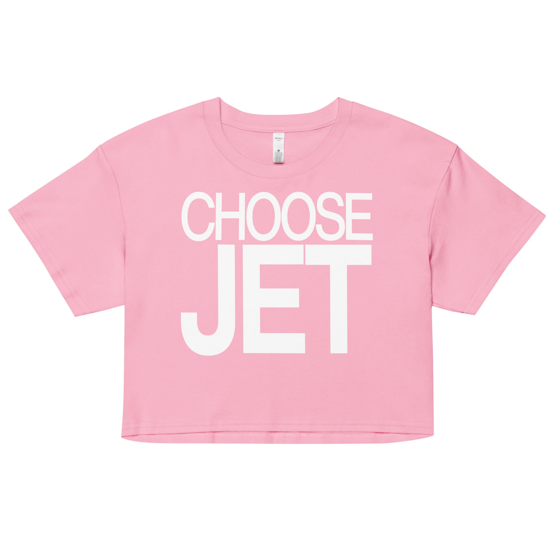 Flatlay of a pink women's crop top  graphic t-shirt with “CHOOSE JET” in white Helvetica Now font emblazoned on the front. 