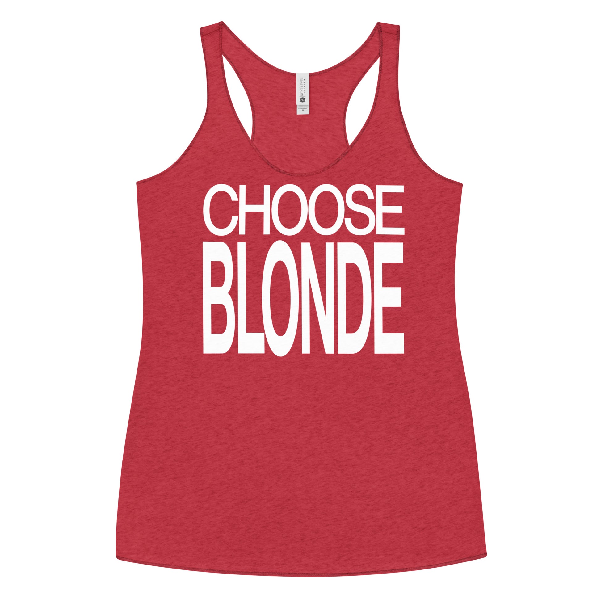 Flatlay of a red racerback tank top with “Choose Blonde” in white Helvetica Now font emblazoned on the front. Branded RedBlonde on back