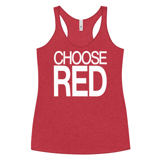 Flatlay of a red racerback tank top with “Choose Red” in white Helvetica Now font emblazoned on the front. Branded RedBlonde on back