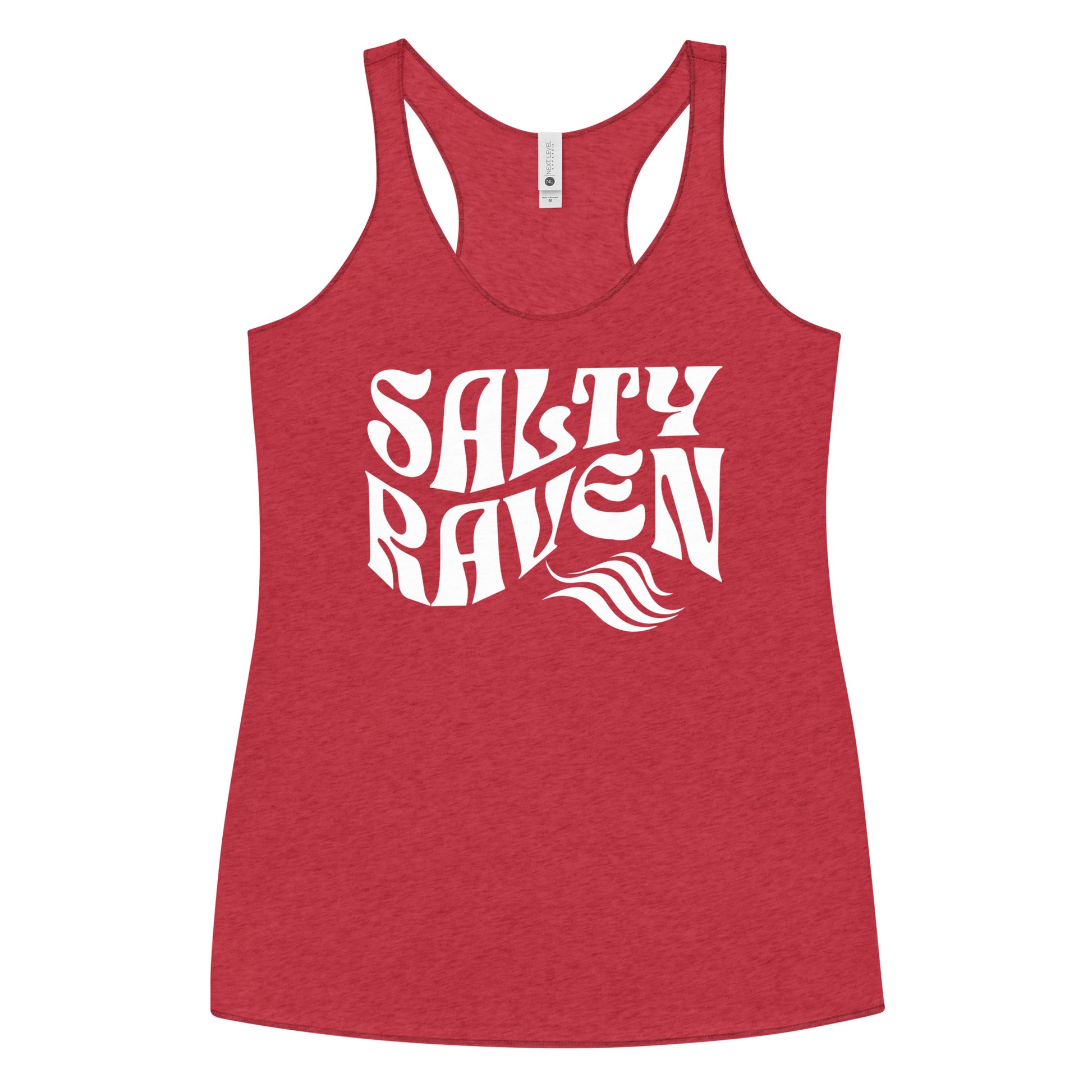 Flatlay of a red soft racerback tank t-shirt with 'Salty Raven' play on words slogan in white retro wavy 70s font.  Branded RedBlonde London on revers