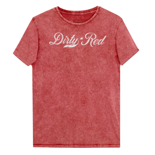 Flatlay of a red unisex loose-fit denim wash t-shirt with vintage Coca-Cola-inspired milkstore script in white reading ‘Dirty Red’ on the front. Branded RedBlonde on the inside neck and right shoulder in red