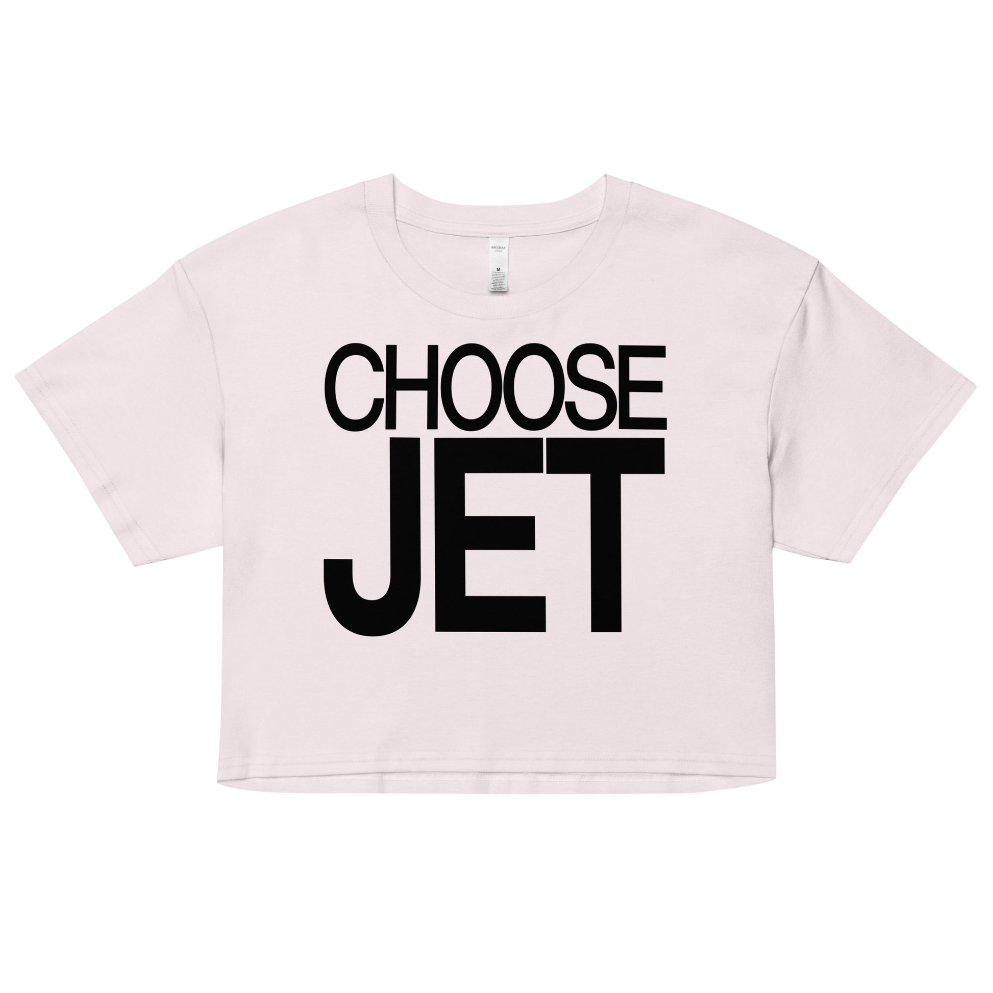 Flatlay of an orchid women's crop top  graphic t-shirt with “CHOOSE JET” in white Helvetica Now font emblazoned on the front. 