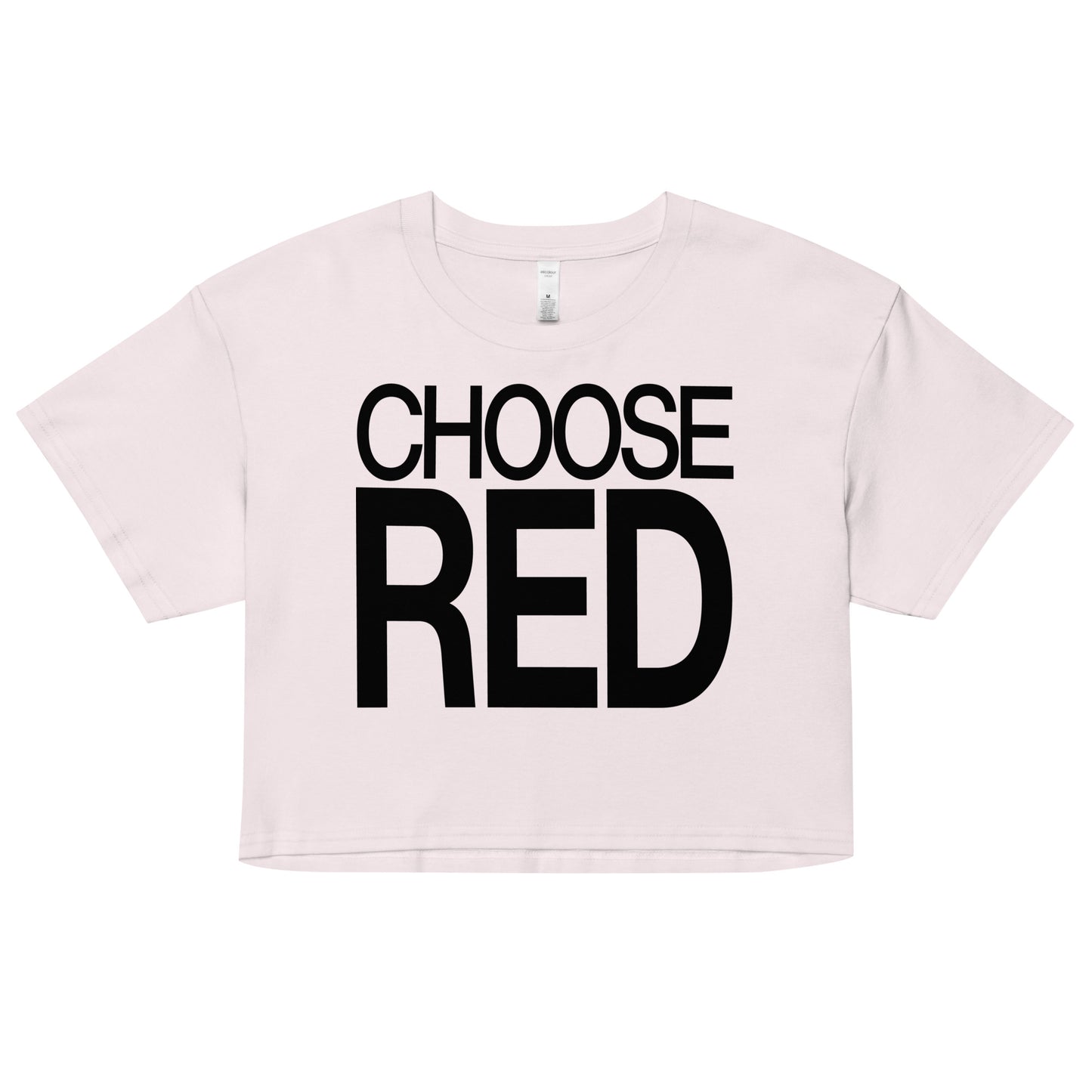 Flatlay of an orchid women's crop top  graphic t-shirt with “CHOOSE RED” in black Helvetica Now font emblazoned on the front. 