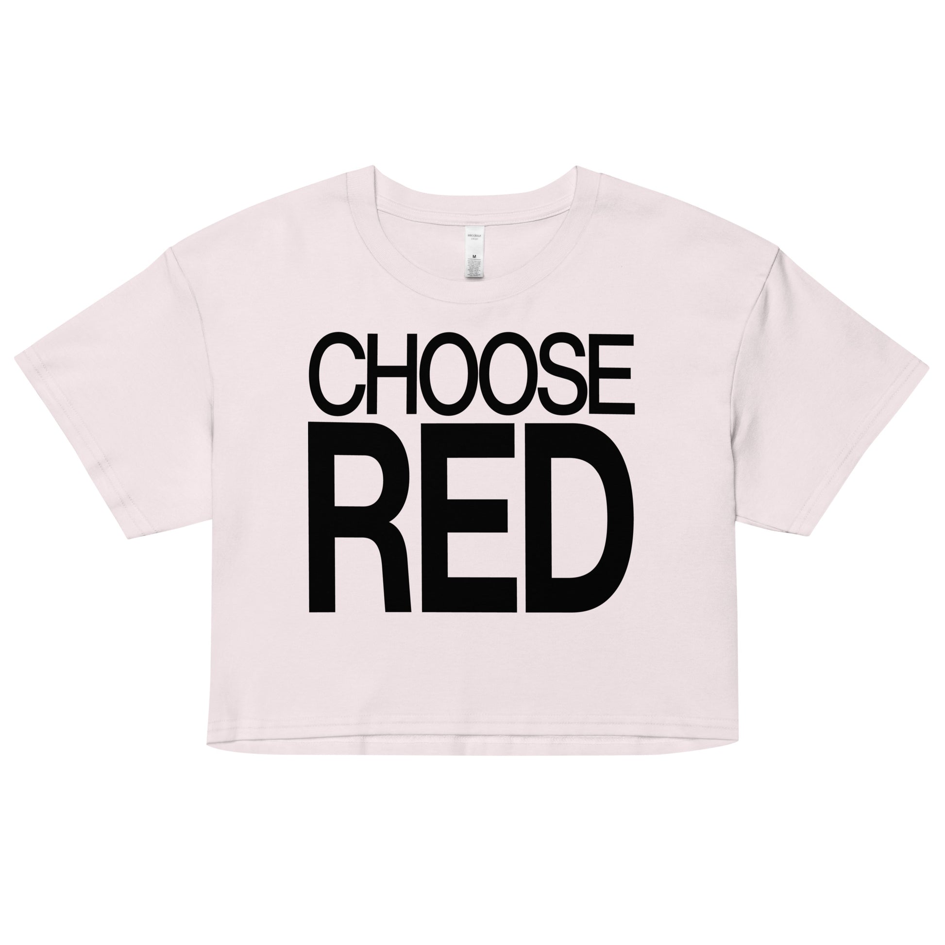 Flatlay of an orchid women's crop top  graphic t-shirt with “CHOOSE RED” in black Helvetica Now font emblazoned on the front. 