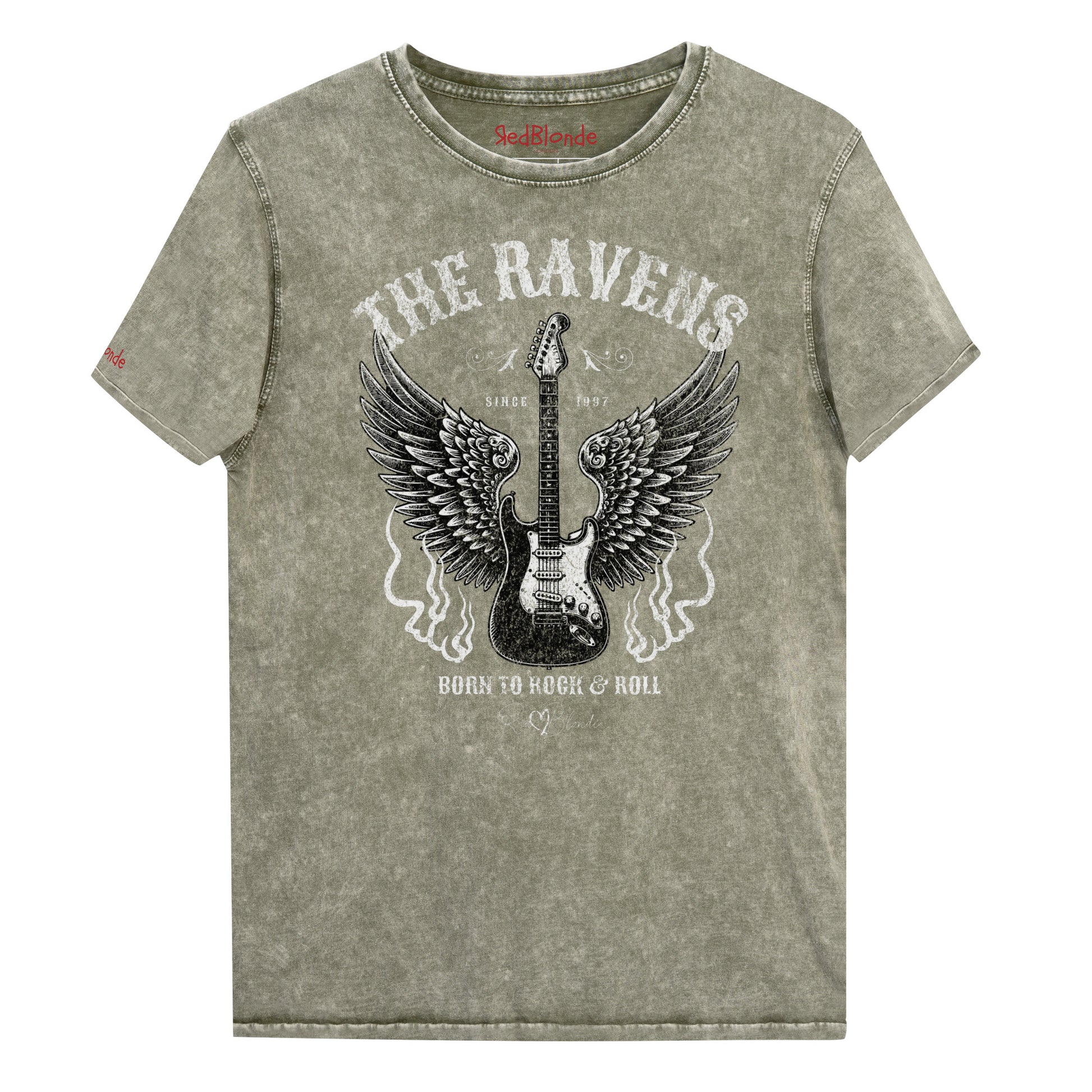 Flatlay of army green denim wash unisex t-shirt with a graphic of a black & white guitar with raven bird wings emerging from the side. The graphic features ‘THE RAVENS’ in Sancreek font in a semicircle above the guitar, while ‘BORN TO ROCK & ROLL’ is underneath. Branded RedBlonde London in inside neck and right sleeve