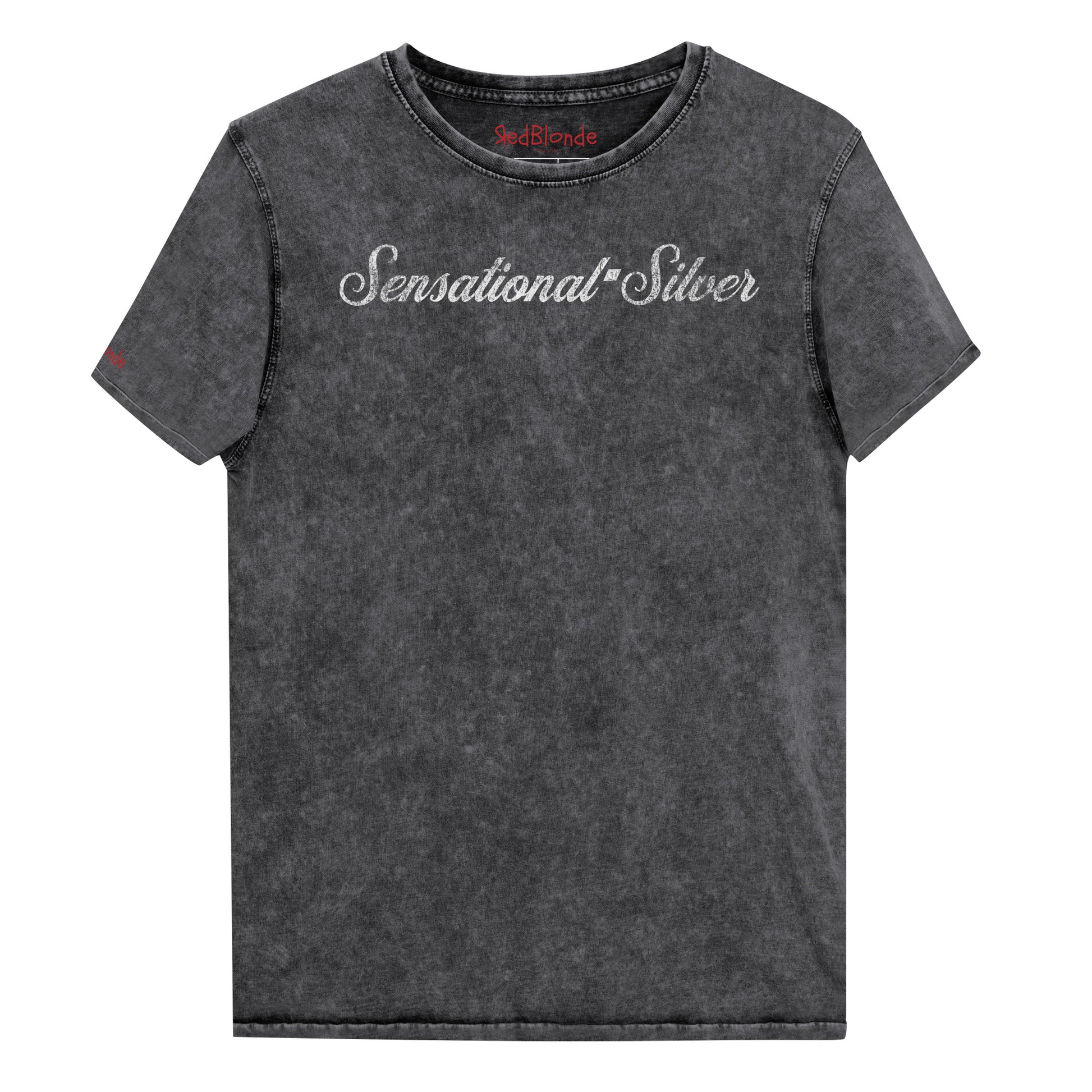 Flatlay of black denim wash vintage unisex relaxed fit slogan t-shirt with 'Sensational Silver' in milkshake script white font. Branded RedBlonde in red on inside neck and right sleeve