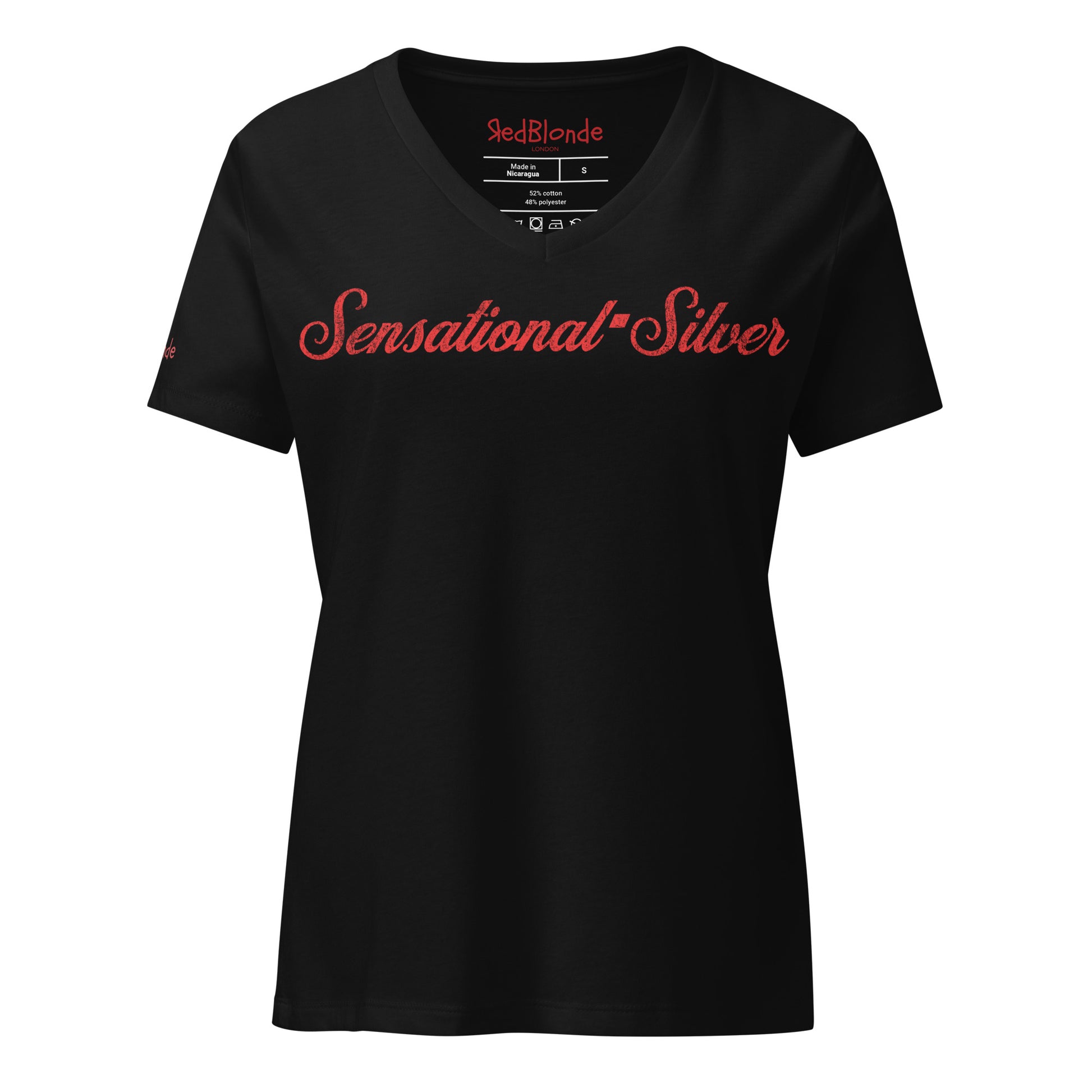 Flatlay of black women's relaxed fit v-neck slogan t-shirt with 'Sensational Silver' in milkshake script red font. Branded RedBlonde in red on inside neck and right sleeve