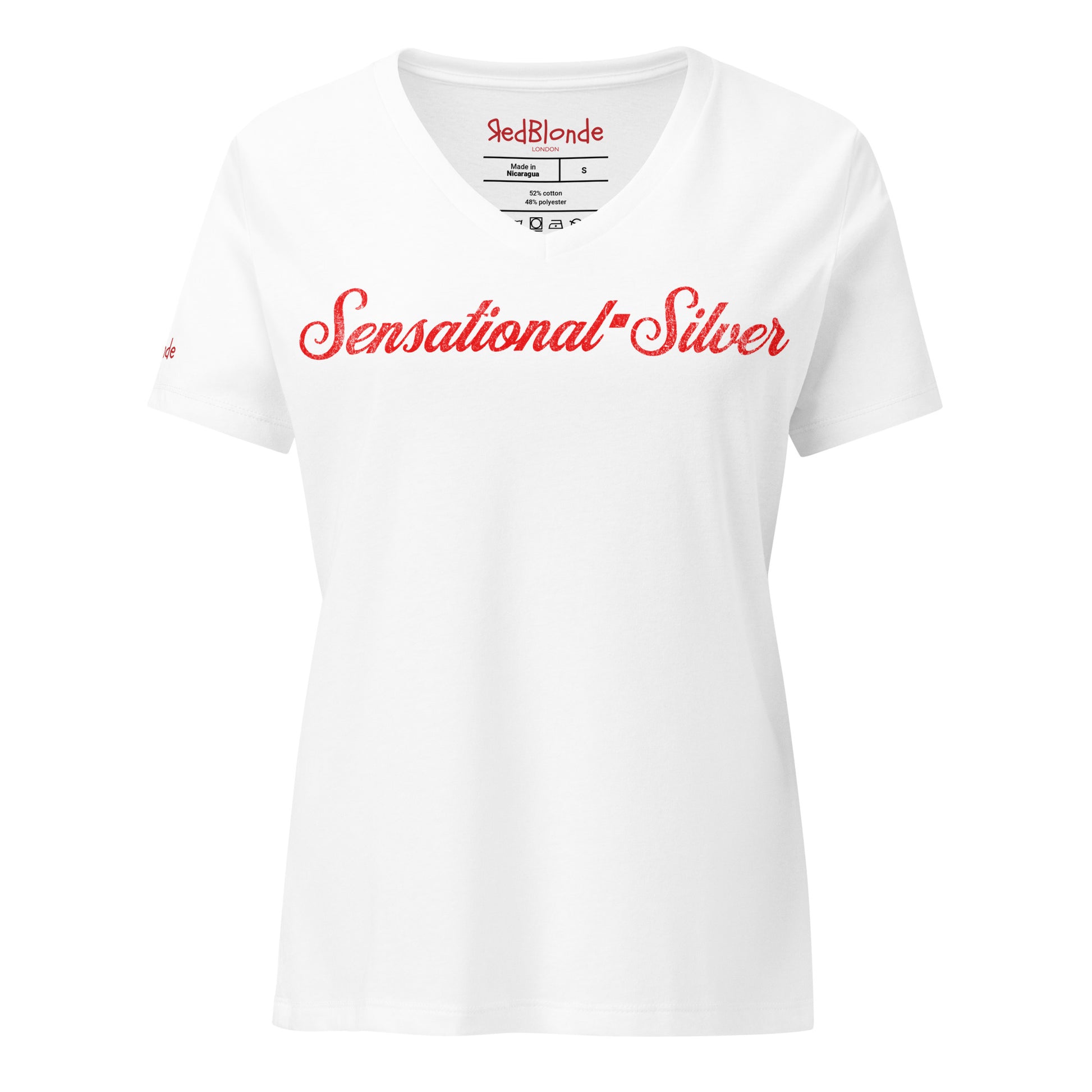 Flatlay of white women's relaxed fit v-neck slogan t-shirt with 'Sensational Silver' in milkshake script red font. Branded RedBlonde in red on inside neck and right sleeve