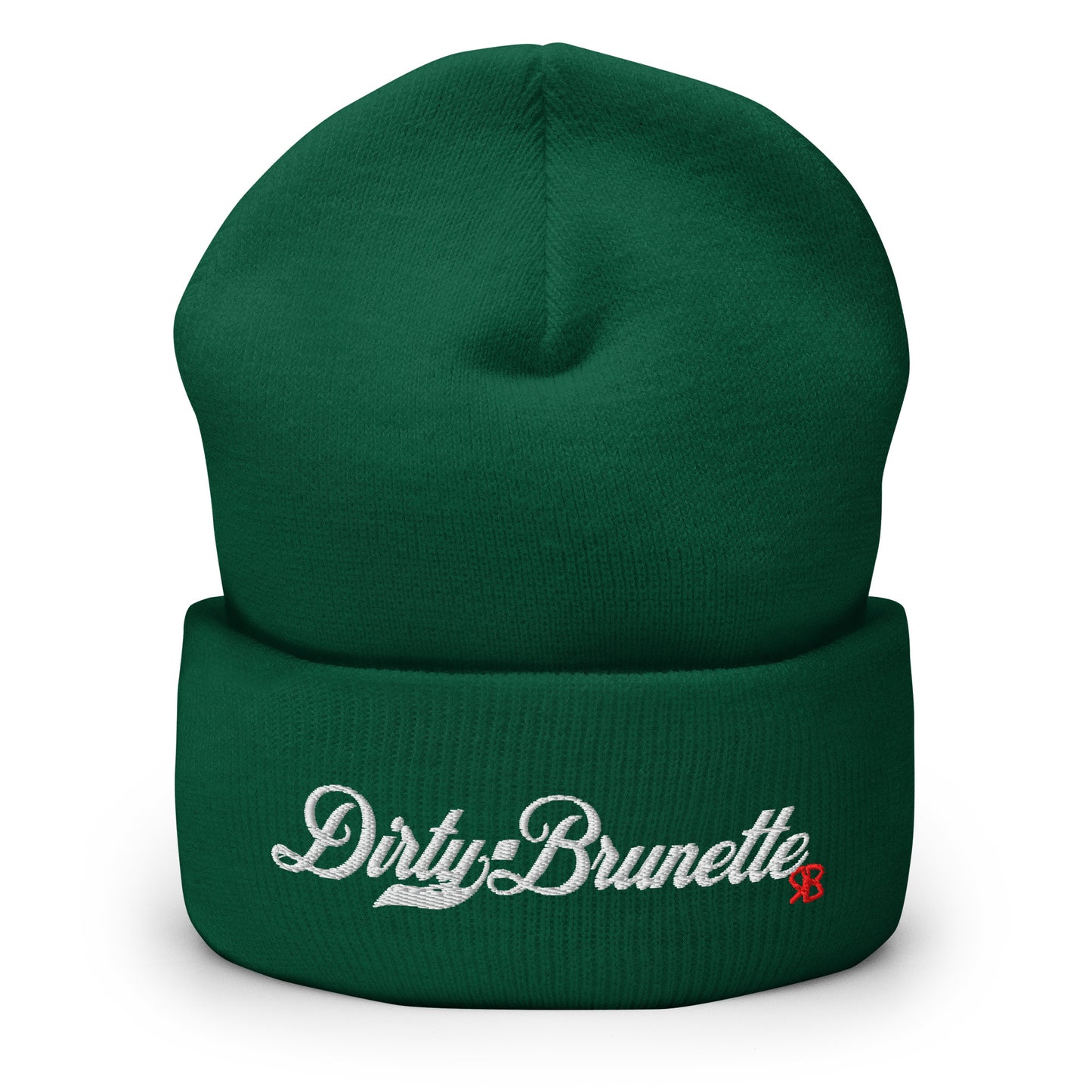 Forest Green knitted beanie with the embroidered phrase “Dirty Brunette” in white script and a small red RB logo on the fold-over cuff, displayed against a clean white background.