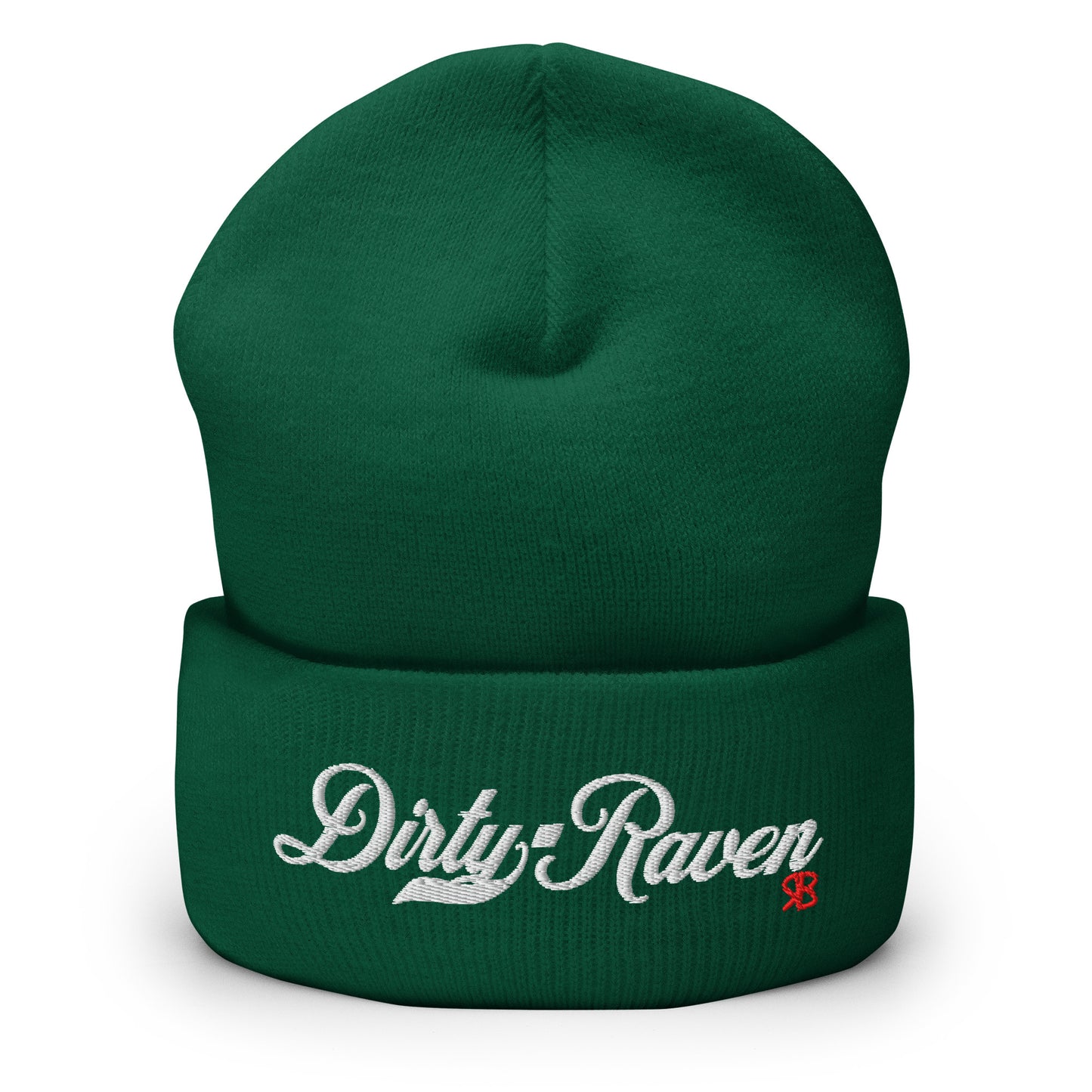 Forest Green knitted beanie with the embroidered phrase “Dirty Raven” in white script and a small red RB logo on the fold-over cuff, displayed against a clean white background.