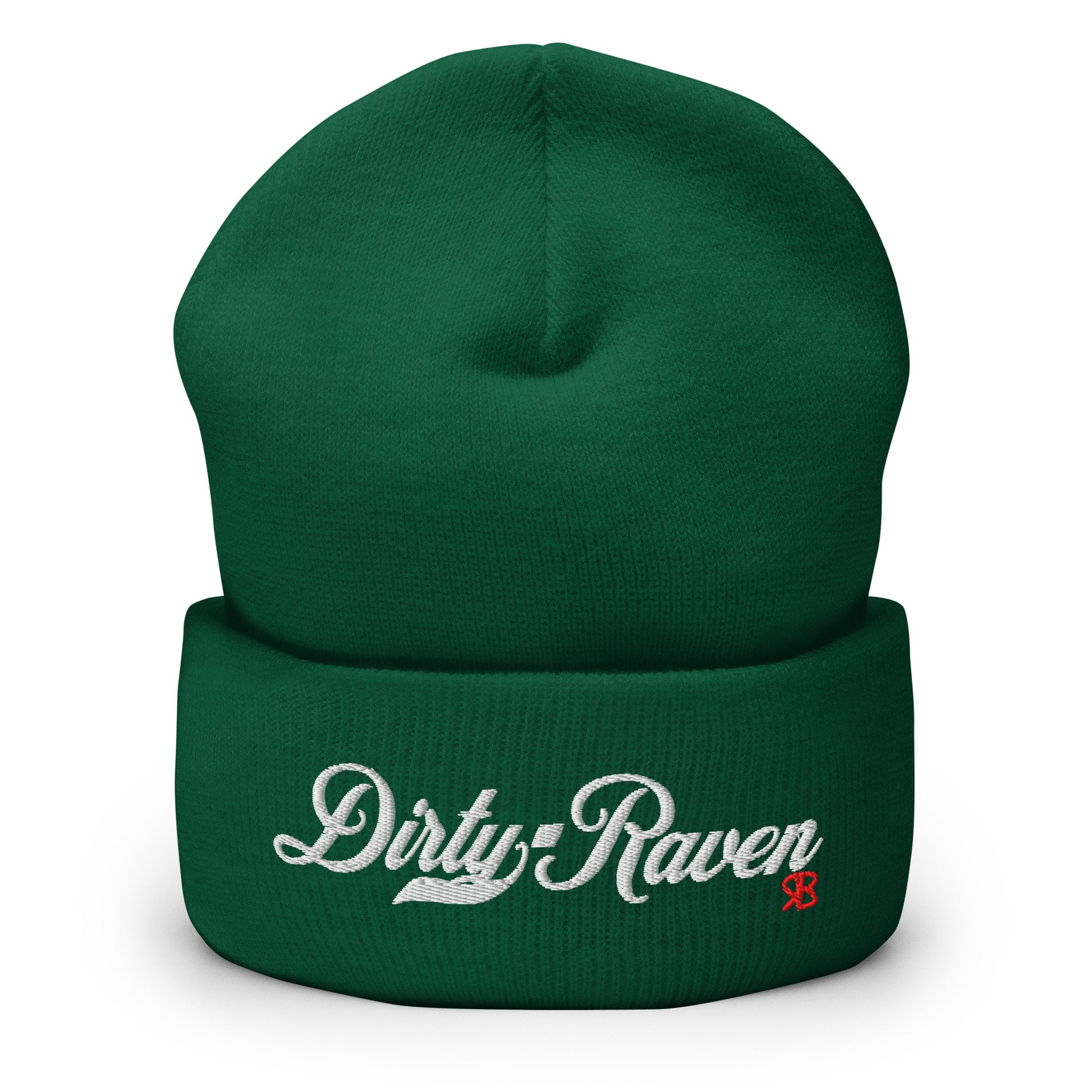 Forest Green knitted beanie with the embroidered phrase “Dirty Raven” in white script and a small red RB logo on the fold-over cuff, displayed against a clean white background.