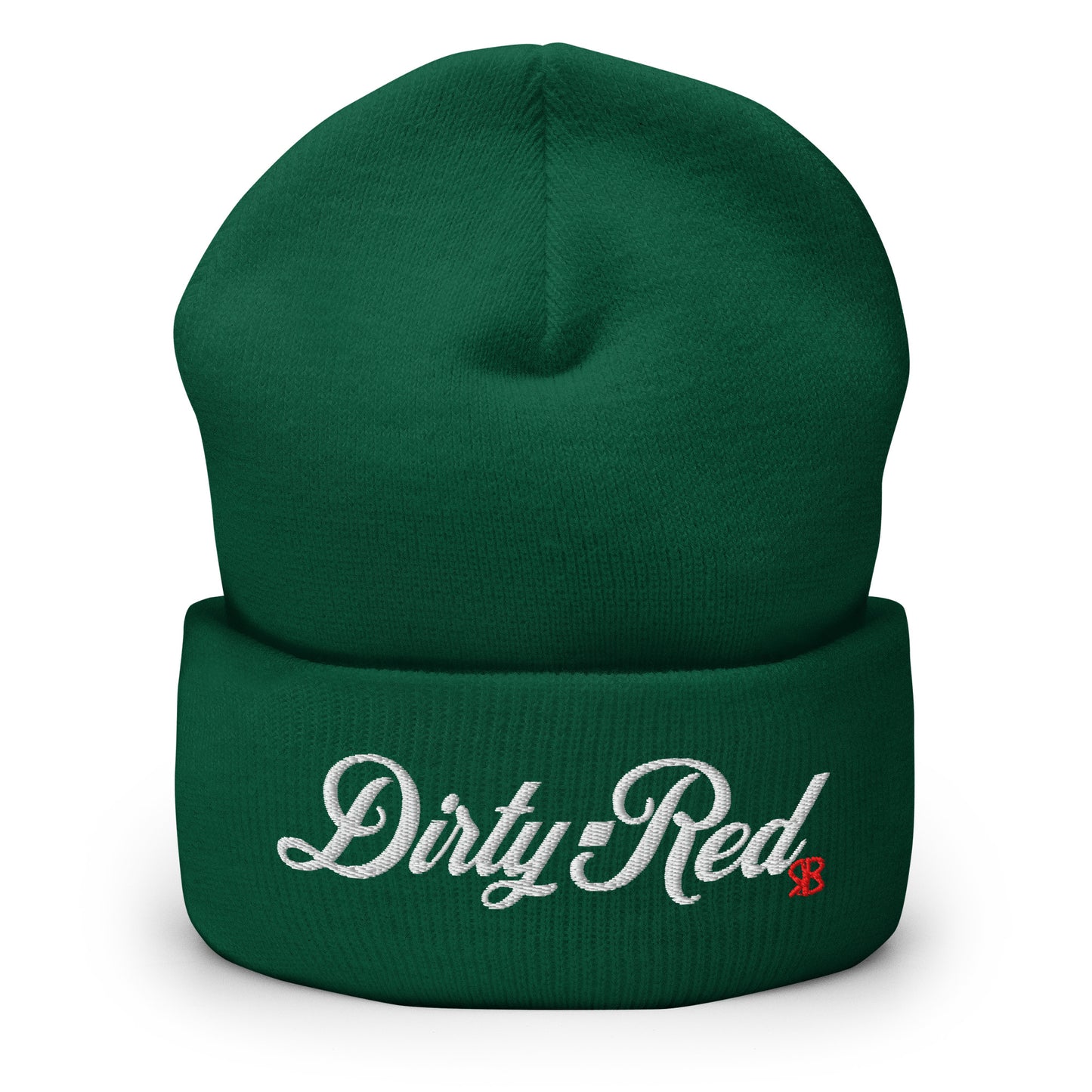 Forest Green knitted beanie with the embroidered phrase “Dirty Red” in white script and a small red RB logo on the fold-over cuff, displayed against a clean white background.