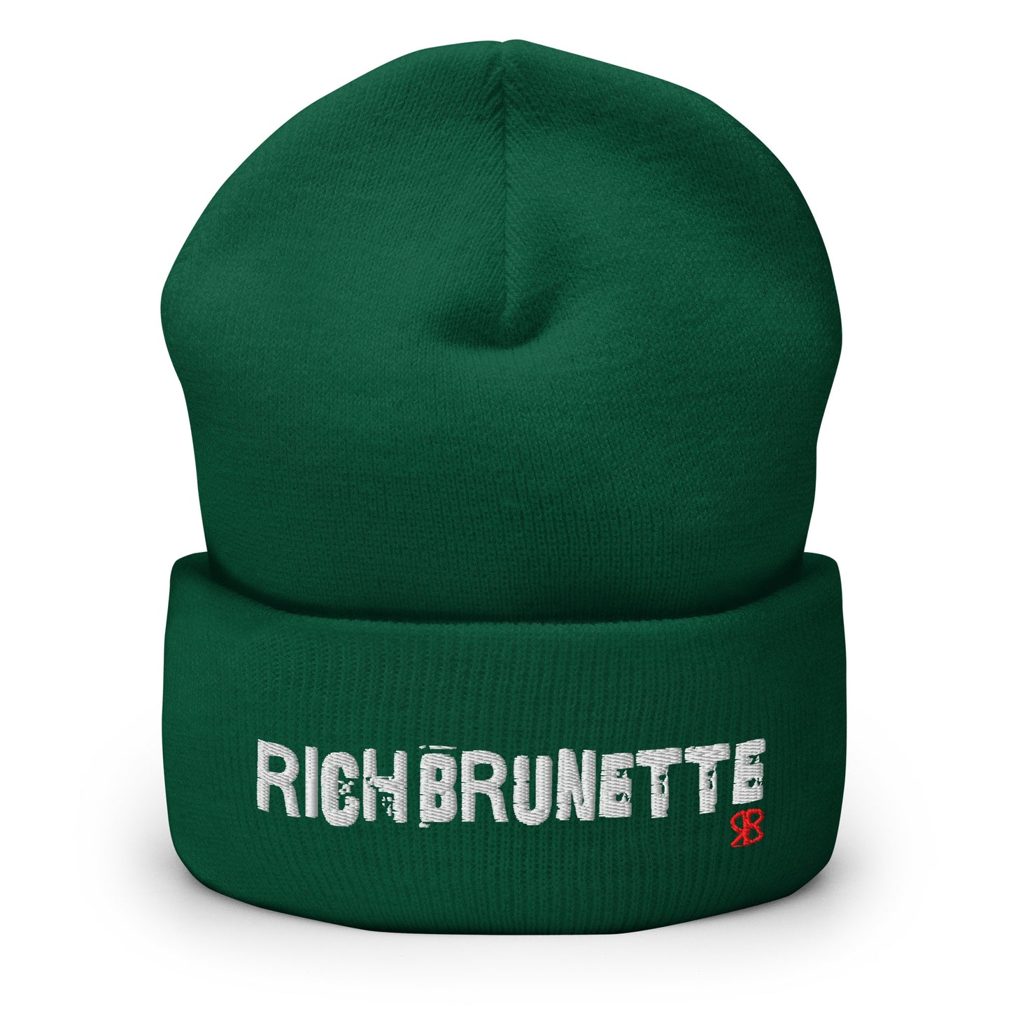 Forest Green Rich Brunette knitted beanie with the embroidered phrase “Rich Brunette” in white script and a small red RB logo on the fold-over cuff, displayed against a clean white background.