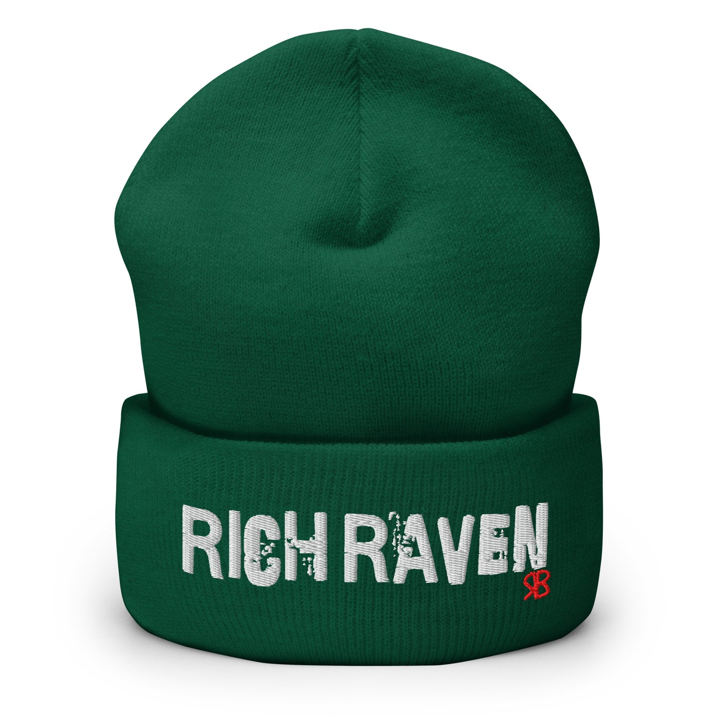 Forest Green Rich Brunette knitted beanie with the embroidered phrase “Rich Raven” in white script and a small red RB logo on the fold-over cuff, displayed against a clean white background.