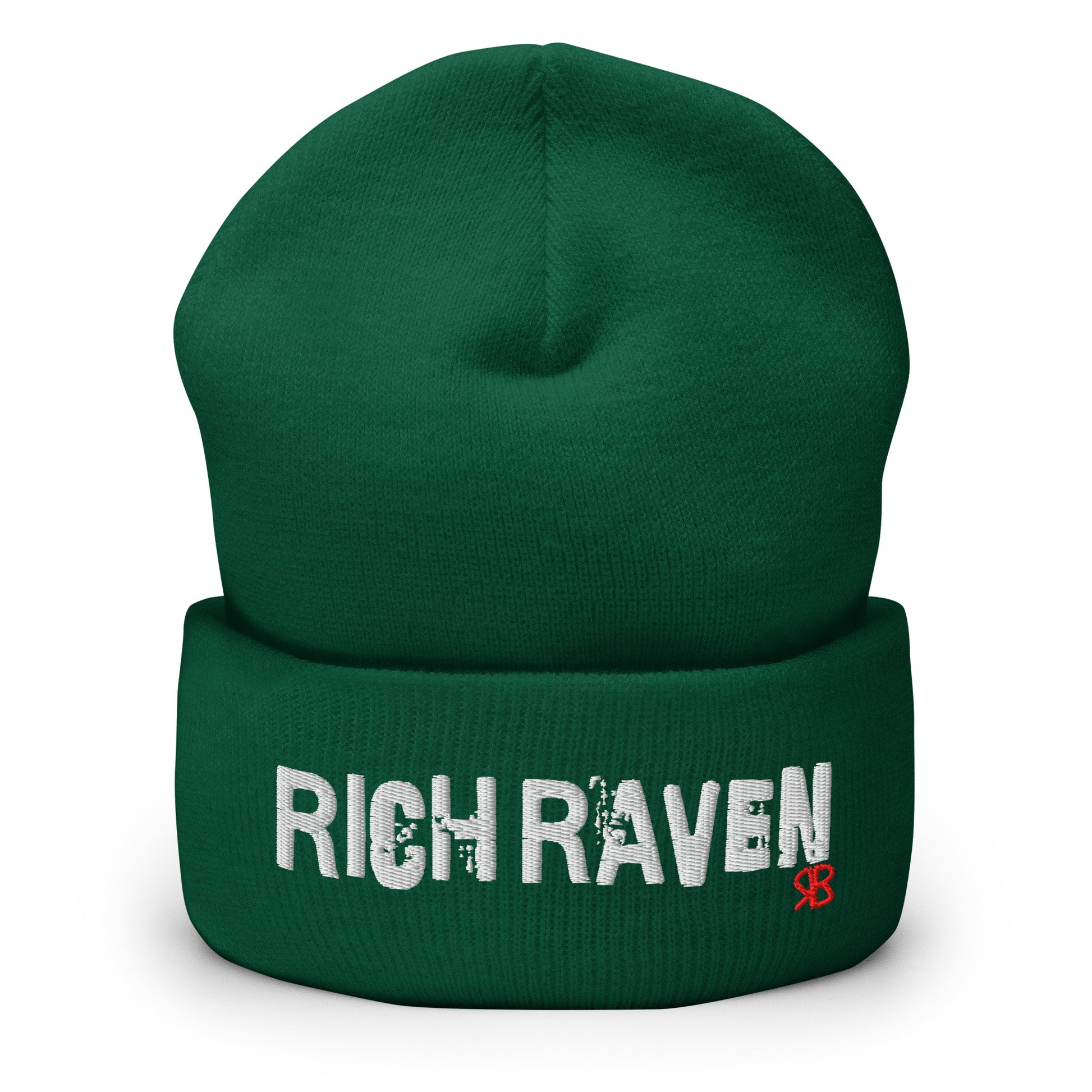 Forest Green Rich Brunette knitted beanie with the embroidered phrase “Rich Raven” in white script and a small red RB logo on the fold-over cuff, displayed against a clean white background.