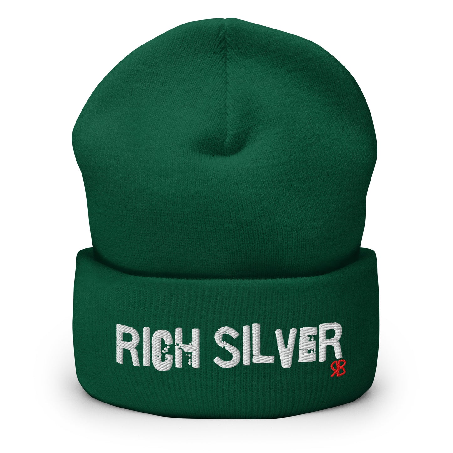 Forest Green knitted beanie with the embroidered phrase “Rich Silver” in white script and a small red RB logo on the fold-over cuff, displayed against a clean white background.
