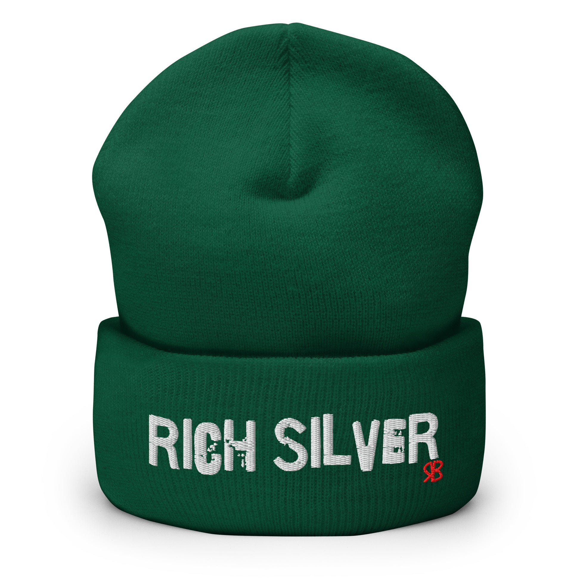 Forest Green knitted beanie with the embroidered phrase “Rich Silver” in white script and a small red RB logo on the fold-over cuff, displayed against a clean white background.