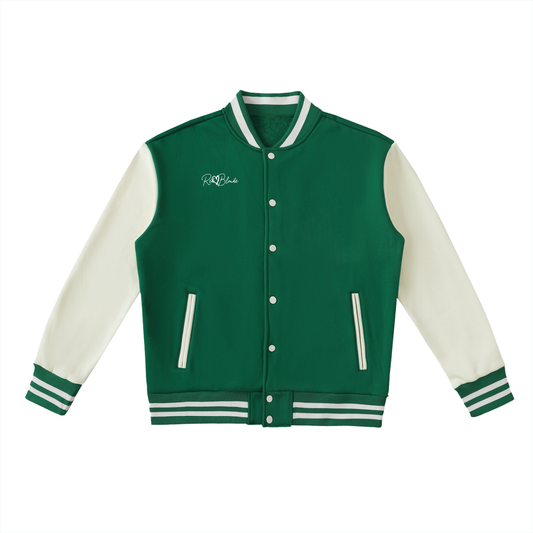 Front view of Green & White Varsity Jacket with RedBlonde Signature logo