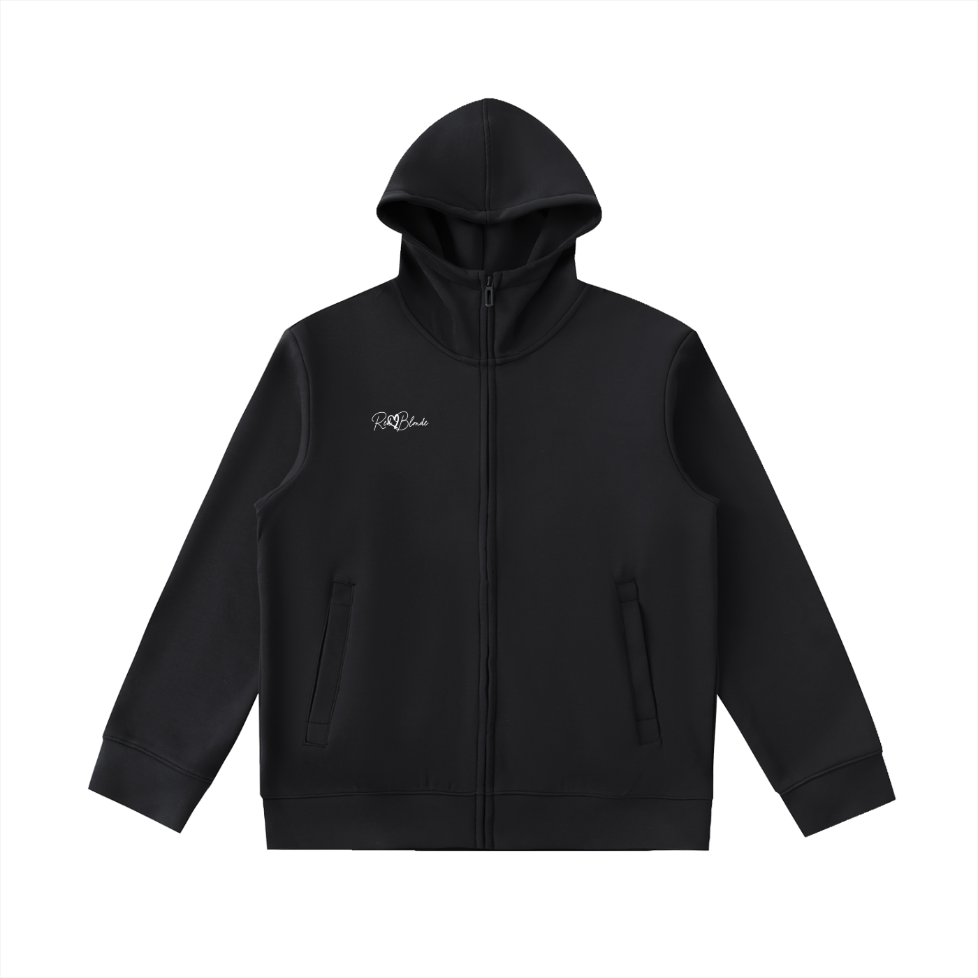 Front view of black zip-up hoodie with RedBlonde signature logo