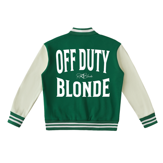 Green & white varsity-style jacket with cream sleeves and striped ribbed trims. The back features large white text reading “OFF DUTY BLONDE” in Brookfield font with a small RedBlonde signature logo in the centre between the words