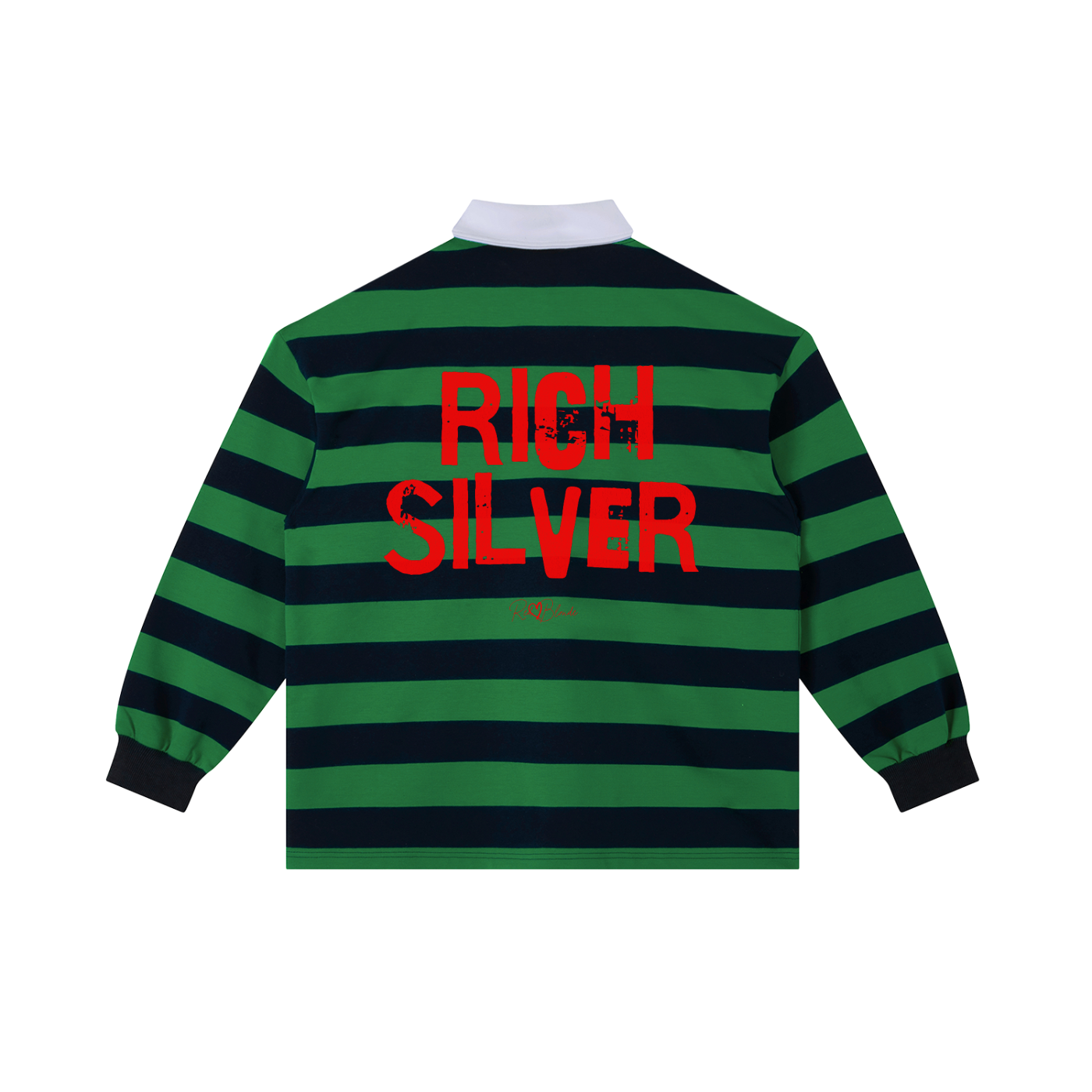 An image showing the back of a long-sleeved rugby polo shirt featuring a pattern of alternating horizontal green and navy stripes. The center of the back displays the words "RICH SILVER" in large, distressed Ed Gein red block lettering, with a smaller signature-style logo printed directly underneath. The shirt is finished with a solid white collar and matching white ribbed cuffs.