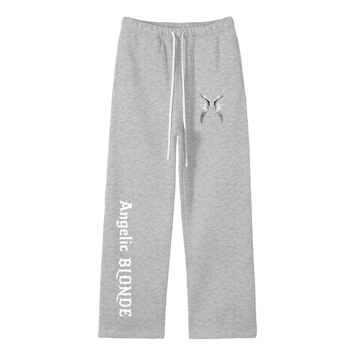 Grey wide-leg joggers with white drawstrings, featuring a small white angel-wing graphic on the upper left thigh and ‘Angelic Blonde’ printed vertically down the right leg in New Rocker gothic style lettering, shown flat against a white background.