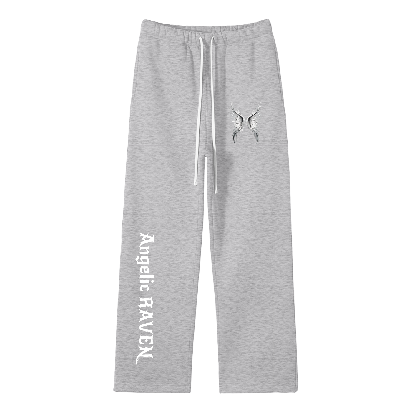grey straight-leg joggers with white drawstrings, featuring a small white angel-wing graphic on the upper left thigh and ‘Angelic Raven’ printed vertically down the right leg in New Rocker gothic style lettering, shown flat against a white background.