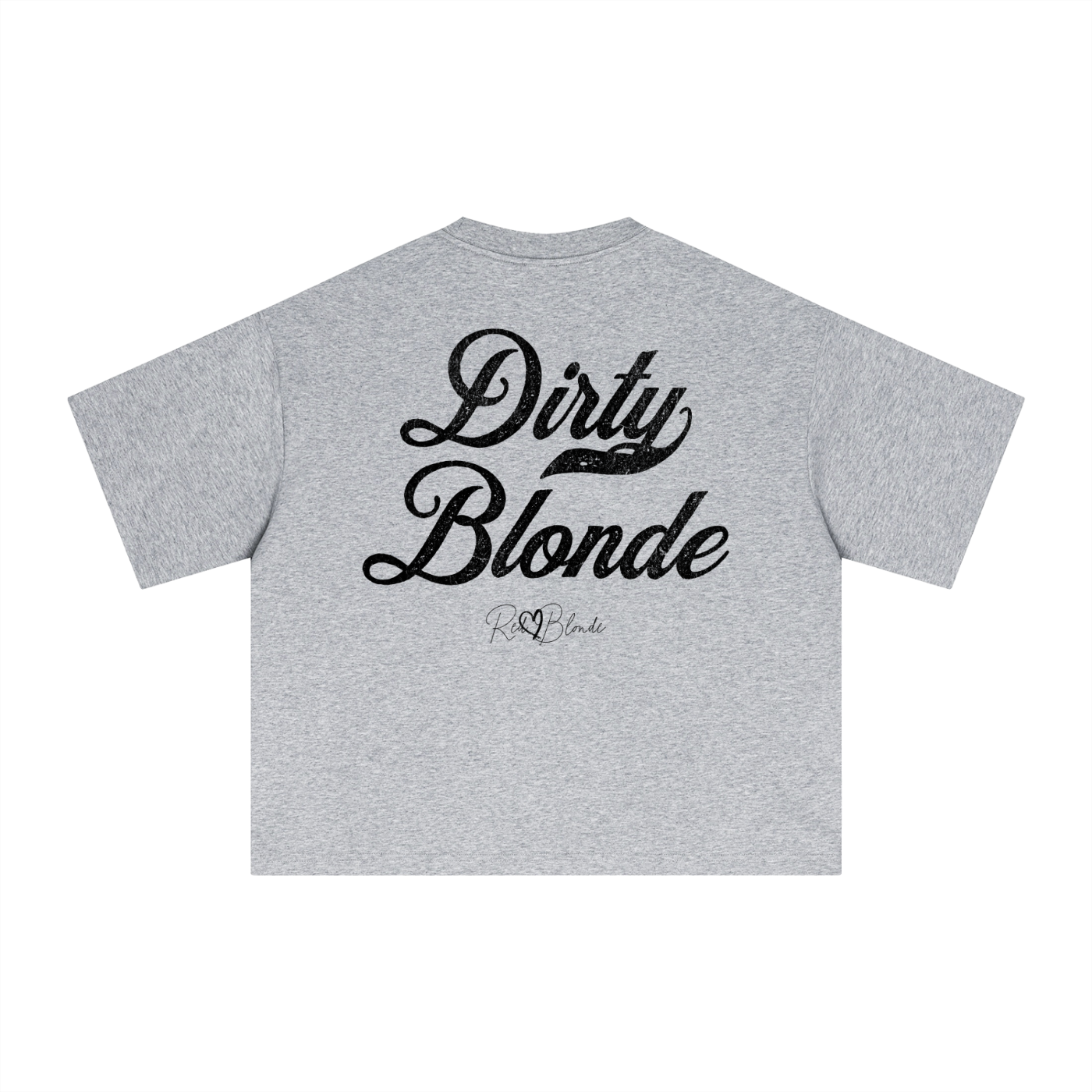 Back view of a grey boxy oversized unisex T-shirt with bold white Milkstore 01 vintage-style script reading “Dirty Blonde” and the RedBlonde signature logo beneath