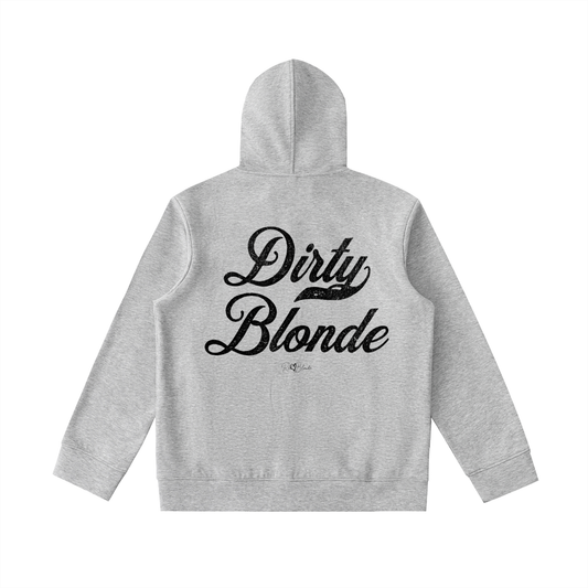 Back view of grey hoodie with bold white Milkstore vintage-style script text “Dirty Blonde” across the back and a subtle RedBlonde signature logo underneath.