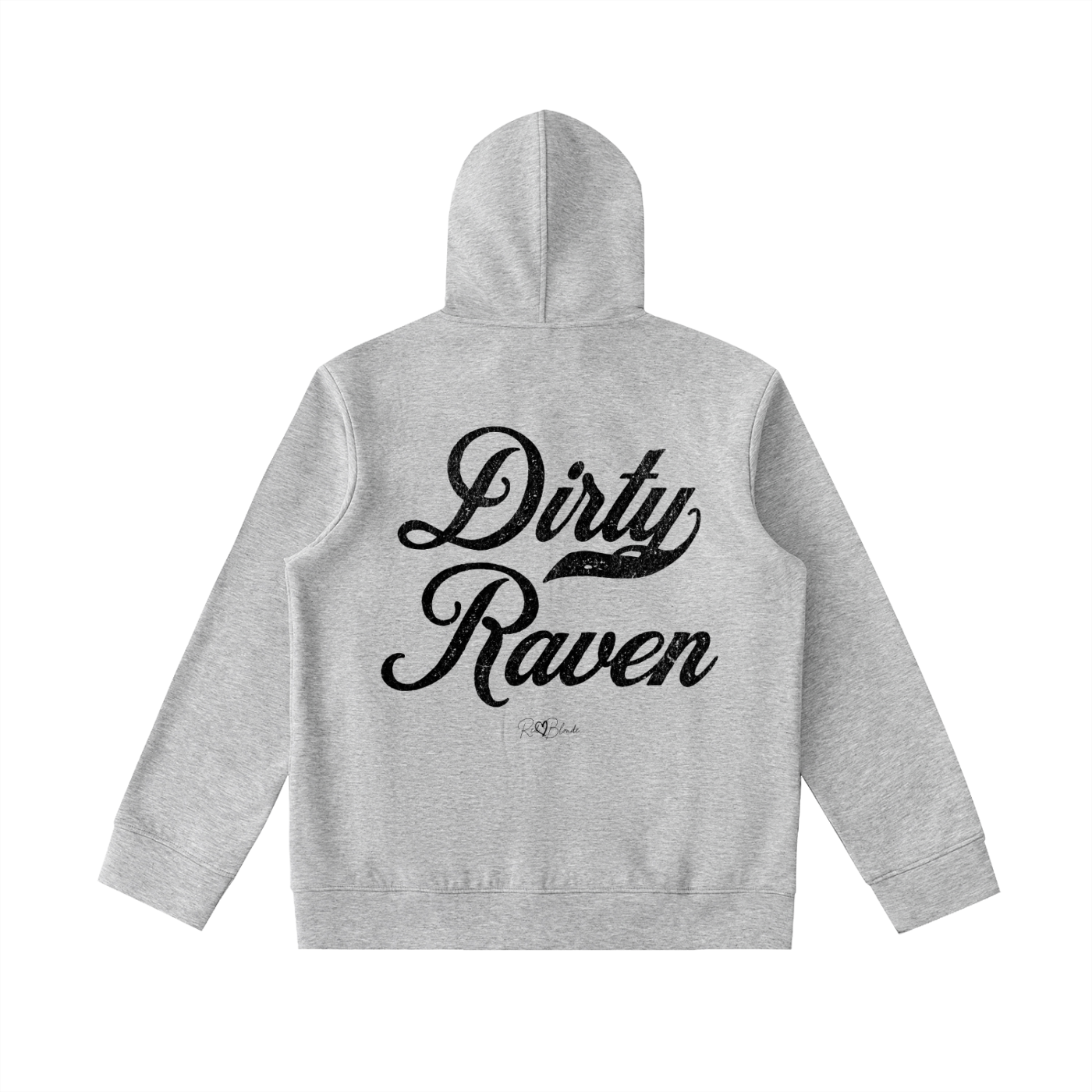 Back view of grey hoodie with bold black Milkstore vintage-style script text “Dirty Raven” across the back and a subtle RedBlonde signature logo underneath.
