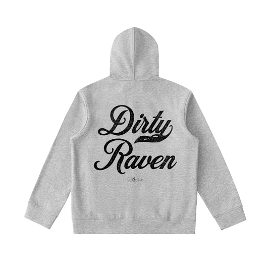 Back view of grey hoodie with bold black Milkstore vintage-style script text “Dirty Raven” across the back and a subtle RedBlonde signature logo underneath.