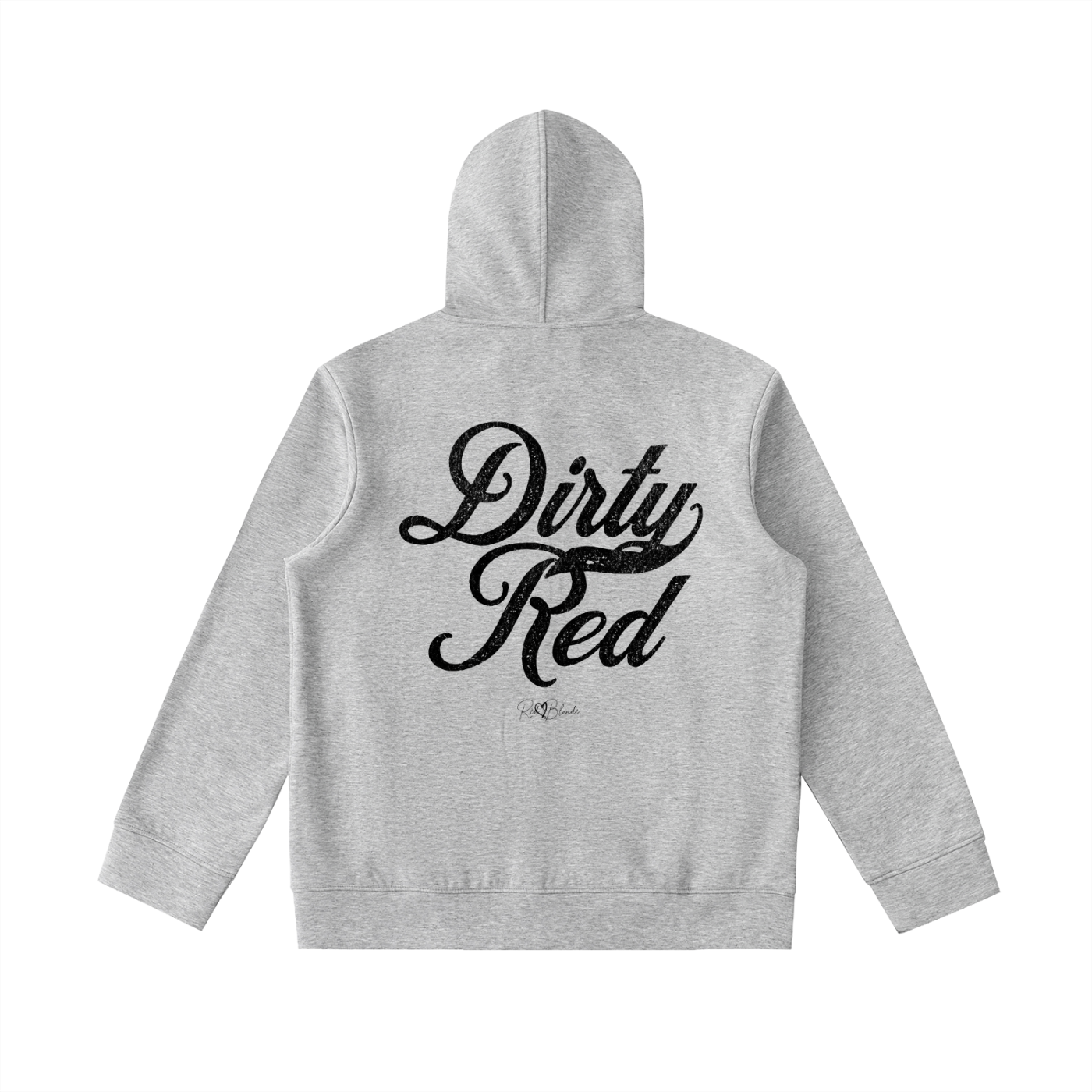 Back view of grey hoodie with bold black Milkstore vintage-style script text “Dirty Blonde” across the back and a subtle RedBlonde signature logo underneath.