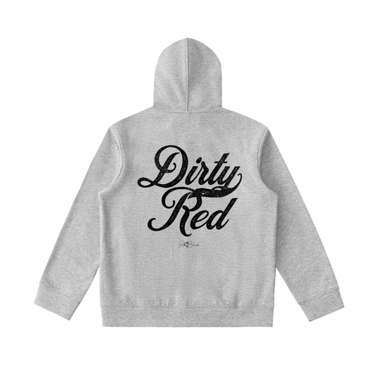Back view of grey hoodie with bold black Milkstore vintage-style script text “Dirty Blonde” across the back and a subtle RedBlonde signature logo underneath.