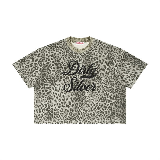 grey oversized T-shirt with an all-over animal print, contrasting ribbed crew neckline, and faded black Dirty Silver Milkstore script graphic across the front.