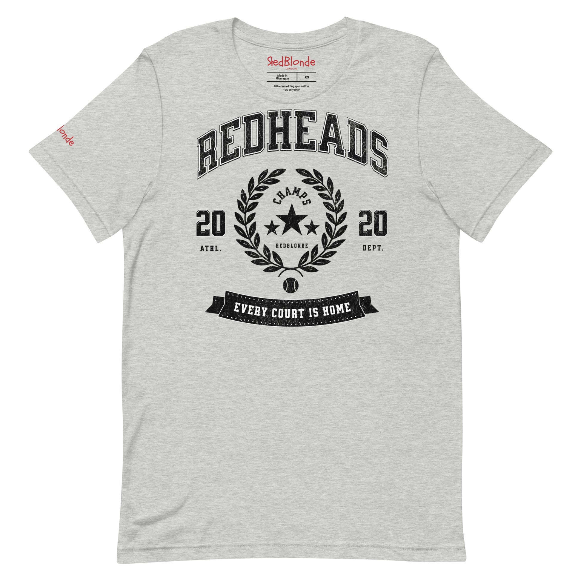 Grey unisex t-shirt with american college themed graphic featuring 'REDHEADS' in Tricot font with a laurel wreath and the words ' Champs RedBlonde' 2020 and 'every court is home' underneath. Branded RedBlonde in red on inside neck and right sleeve 