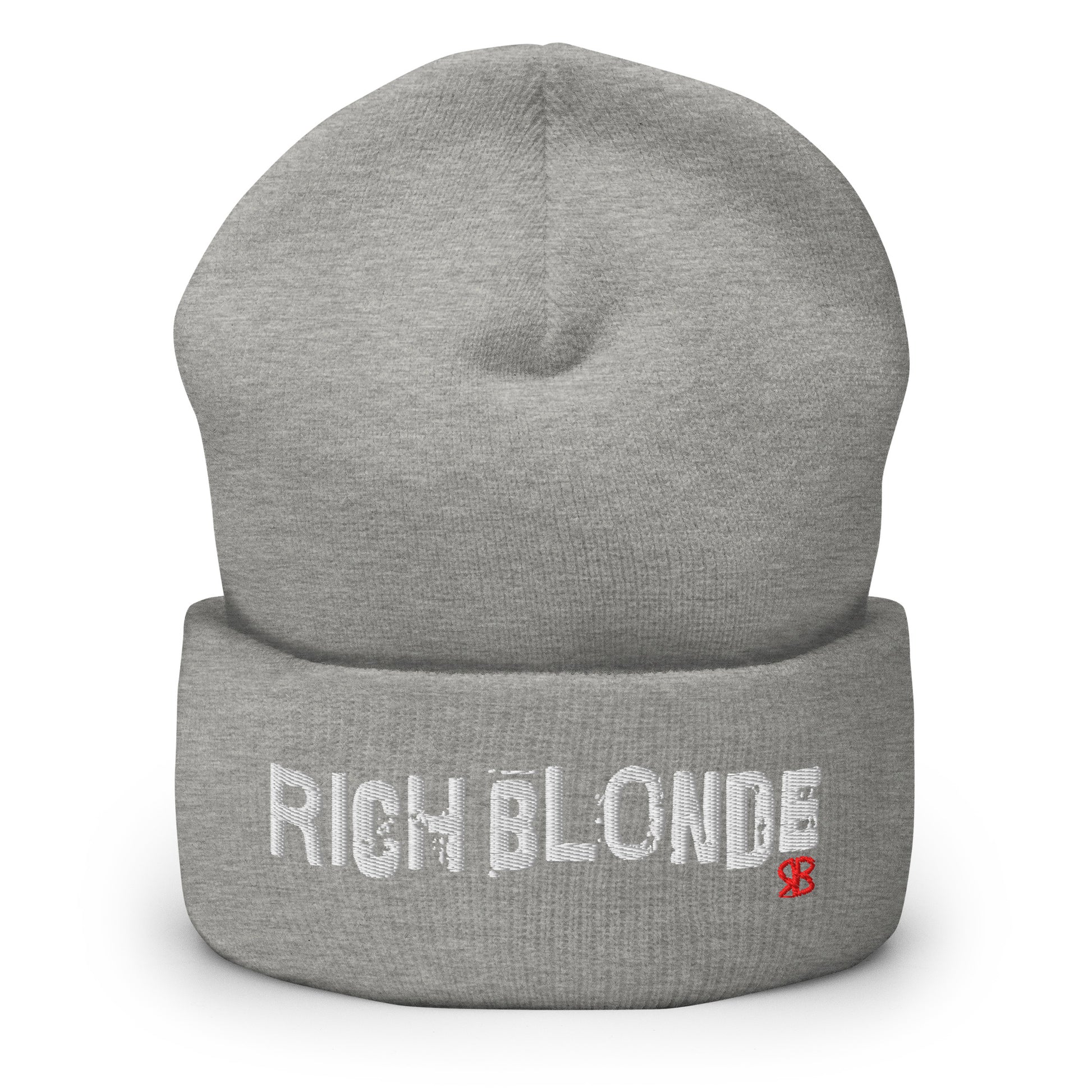 Heather Grey cuffed beanie featuring bold white embroidered Ed Gein text “RICH BLONDE” across the front and a small red RB logo detail on the fold.