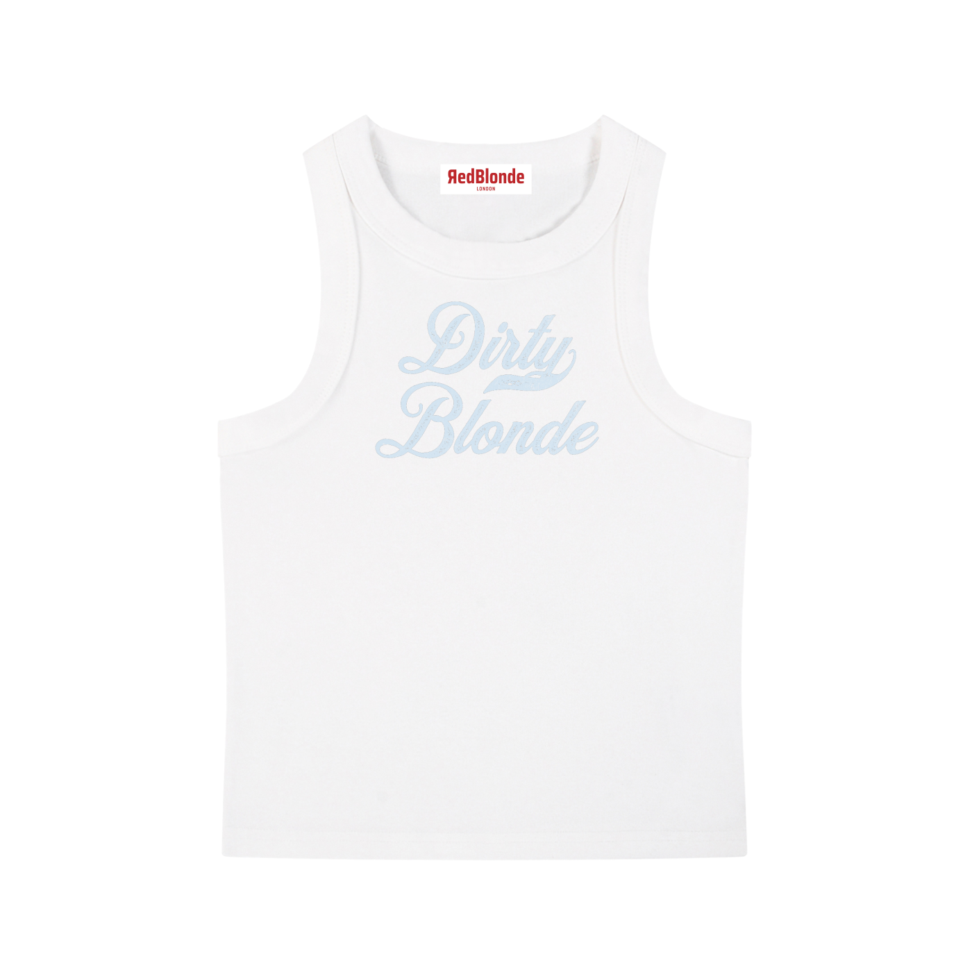 white snow-wash tank top with raw-edge seams and the phrase ‘Dirty Blonde’ printed in vintage Milkstore Ice Melt pale blue font across the chest