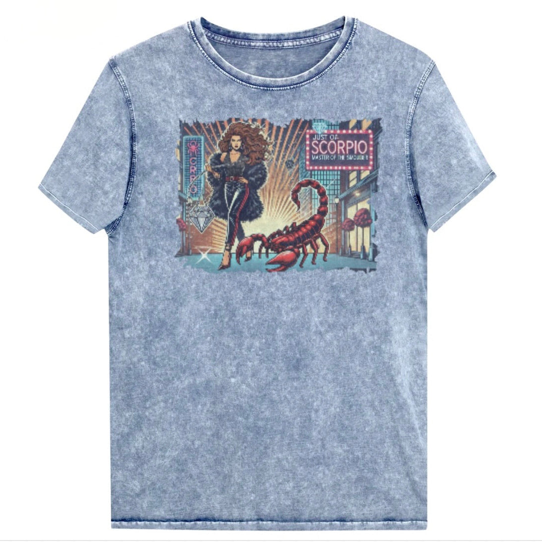 Flatlay of a unisex garnet red denim wash vintage t-shirt with a retro pop-art Scorpio graphic featuring a Brunette woman with long flowing hair, wearing a black pants with a red stripe down the side, a halterneck top and fur coat, next to a large red scorpion walking down the street past a shop window  captioned ‘Just an Scorpio, Master of the Smoulder'. Branded RedBlonde on inside neck and right shoulder