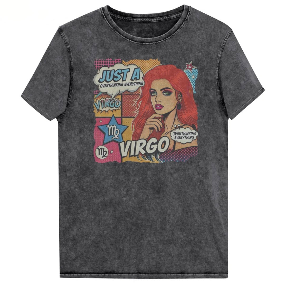 Flatlay of a unisex black denim wash vintage t-shirt with a retro pop-art Virgo graphic featuring the head and shoulders of a redhead woman, wearing an off the shoulder top with her hand on her chin, the background is colourful chequered board with two bubble  captions ‘Just a Virgo, overthinking everything'. Branded RedBlonde in red on inside neck and right sleeve