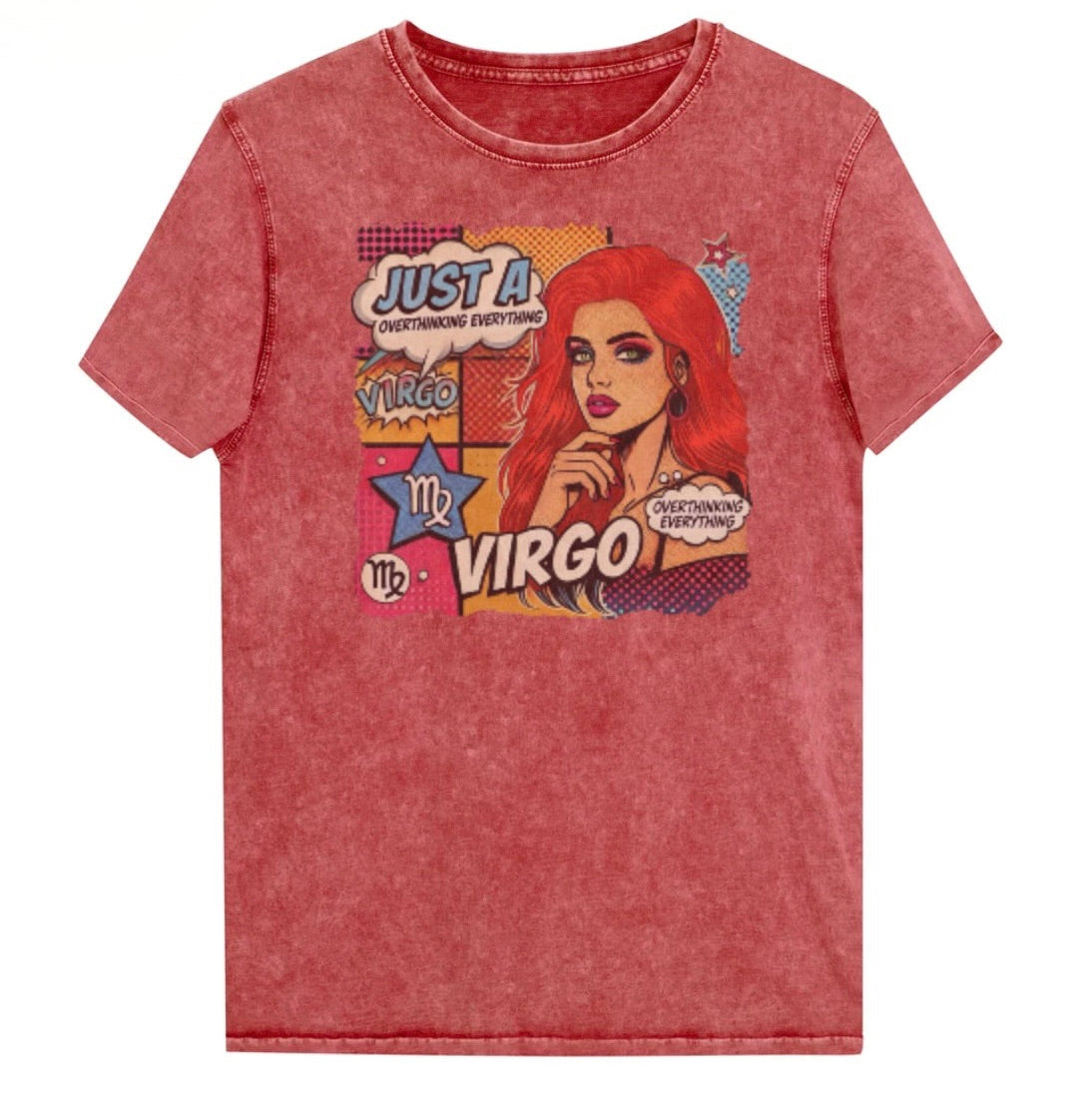 Flatlay of a unisex red garnet denim wash vintage t-shirt with a retro pop-art Virgo graphic featuring the head and shoulders of a redhead woman, wearing an off the shoulder top with her hand on her chin, the background is colourful chequered board with two bubble  captions ‘Just a Virgo, overthinking everything'. Branded RedBlonde in red on inside neck and right sleeve