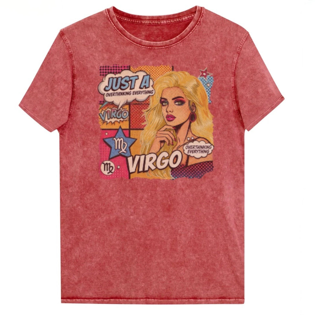 Flatlay of a unisex red garnet denim wash vintage t-shirt with a retro pop-art Virgo graphic featuring the head and shoulders of a blonde woman, wearing an off the shoulder top with her hand on her chin, the background is colourful chequered board with two bubble  captions ‘Just an Virgo, overthinking everything'. Branded RedBlonde in red on inside neck and right sleeve