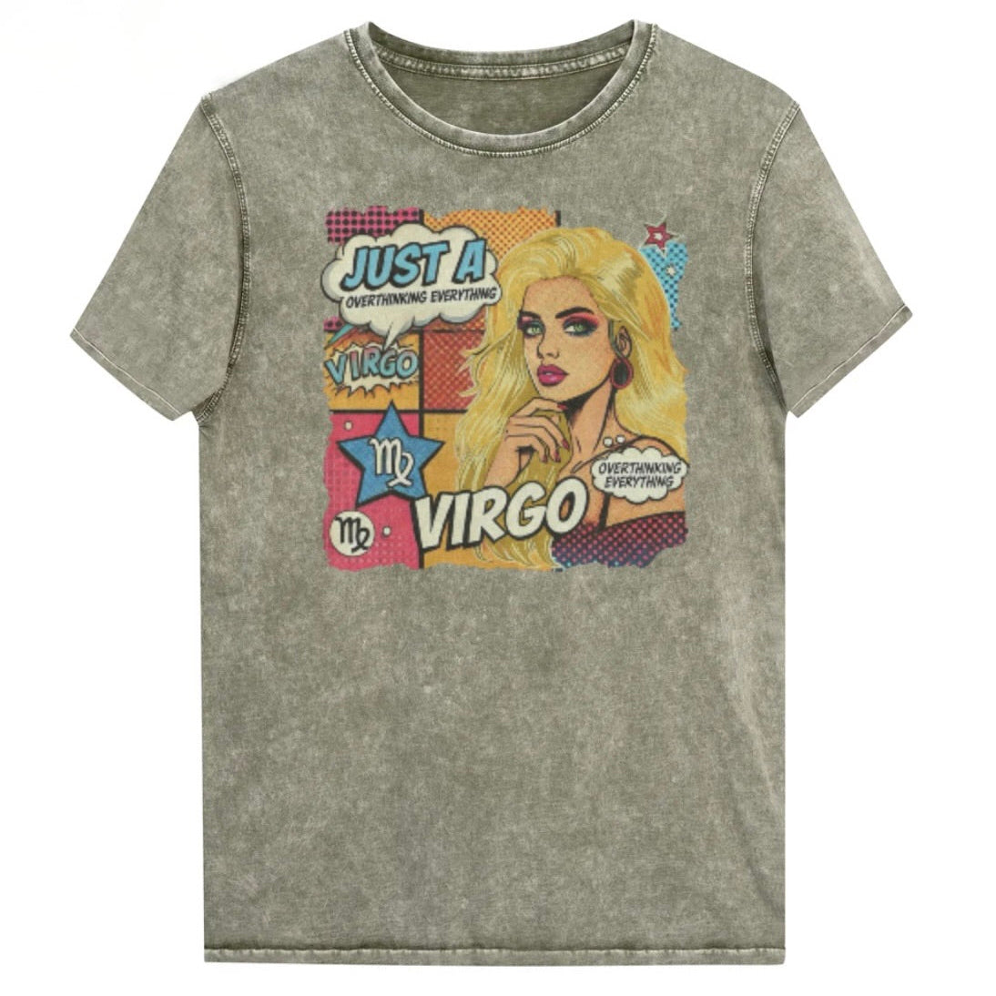 Flatlay of a unisex army green denim wash vintage t-shirt with a retro pop-art Virgo graphic featuring the head and shoulders of a blonde woman, wearing an off the shoulder top with her hand on her chin, the background is colourful chequered board with two bubble  captions ‘Just an Virgo, overthinking everything'. Branded RedBlonde in red on inside neck and right sleeve