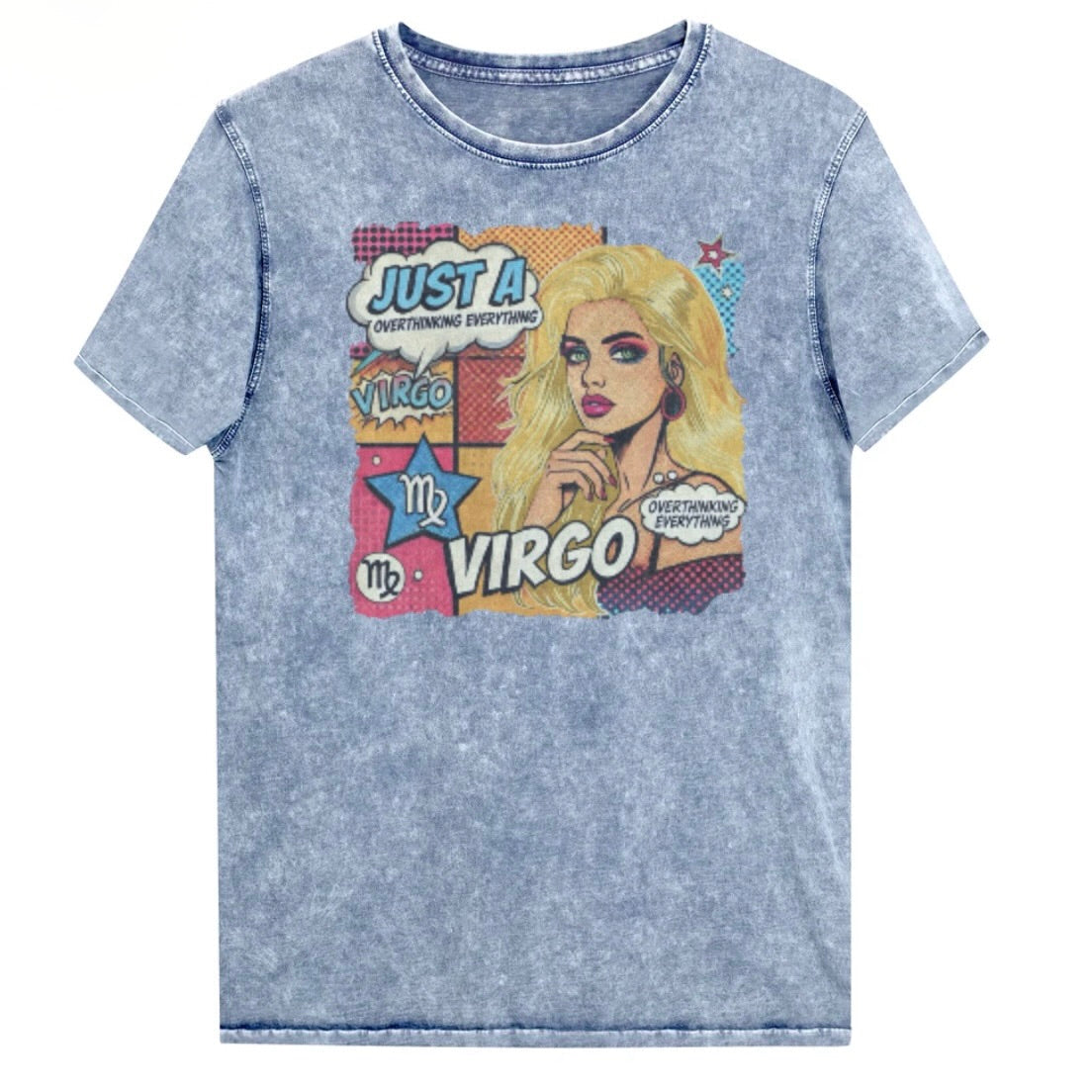 Flatlay of a unisex blue denim wash vintage t-shirt with a retro pop-art Virgo graphic featuring the head and shoulders of a blonde woman, wearing an off the shoulder top with her hand on her chin, the background is colourful chequered board with two bubble  captions ‘Just an Virgo, overthinking everything'. Branded RedBlonde in red on inside neck and right sleeve