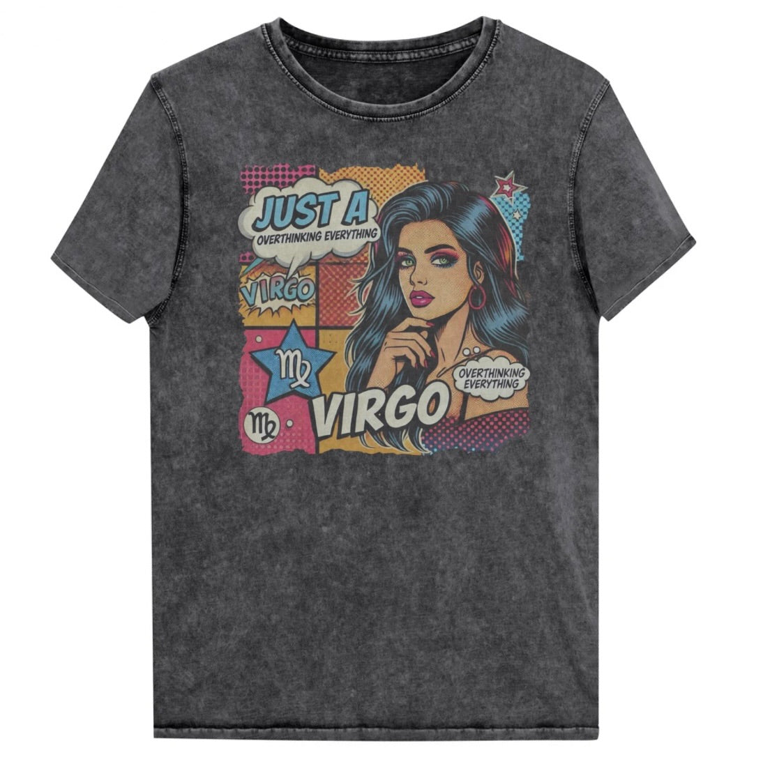 Flatlay of a unisex blackdenim wash vintage t-shirt with a retro pop-art Virgo graphic featuring the head and shoulders of a dark long-haired woman, wearing an off the shoulder top with her hand on her chin, the backround is colourful chequered board with two bubble  captions ‘Just an Virgo, overthinking everything'. Branded RedBlonde on inside neck and right sleeve