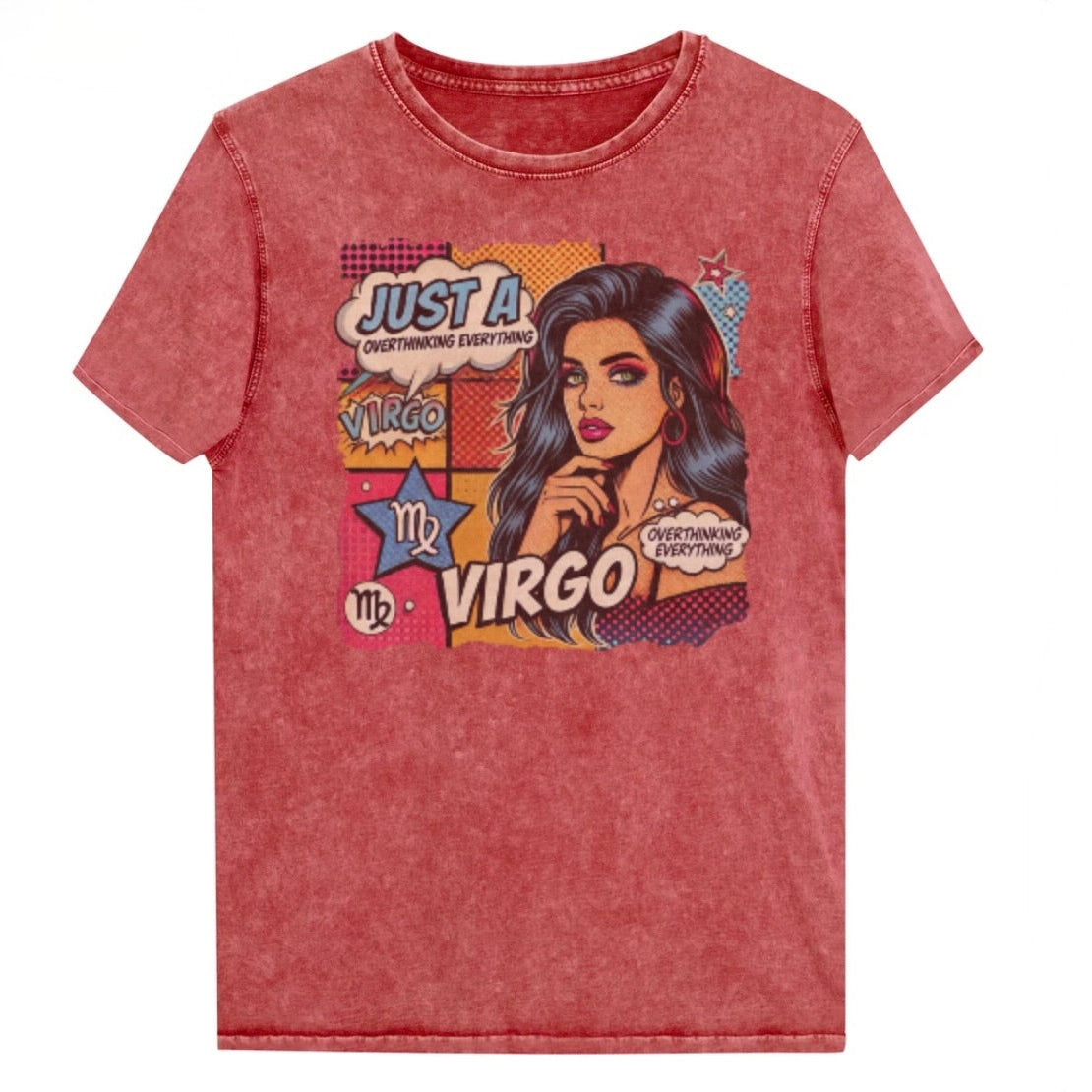 Flatlay of a unisex red denim wash vintage t-shirt with a retro pop-art Virgo graphic featuring the head and shoulders of a dark long-haired woman, wearing an off the shoulder top with her hand on her chin, the backround is colourful chequered board with two bubble  captions ‘Just an Virgo, overthinking everything'. Branded RedBlonde on inside neck and right sleeve