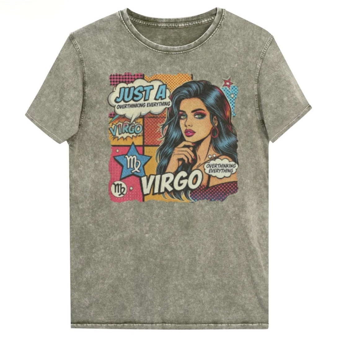 Flatlay of a unisex green denim wash vintage t-shirt with a retro pop-art Virgo graphic featuring the head and shoulders of a dark long-haired woman, wearing an off the shoulder top with her hand on her chin, the backround is colourful chequered board with two bubble  captions ‘Just an Virgo, overthinking everything'. Branded RedBlonde on inside neck and right sleeve