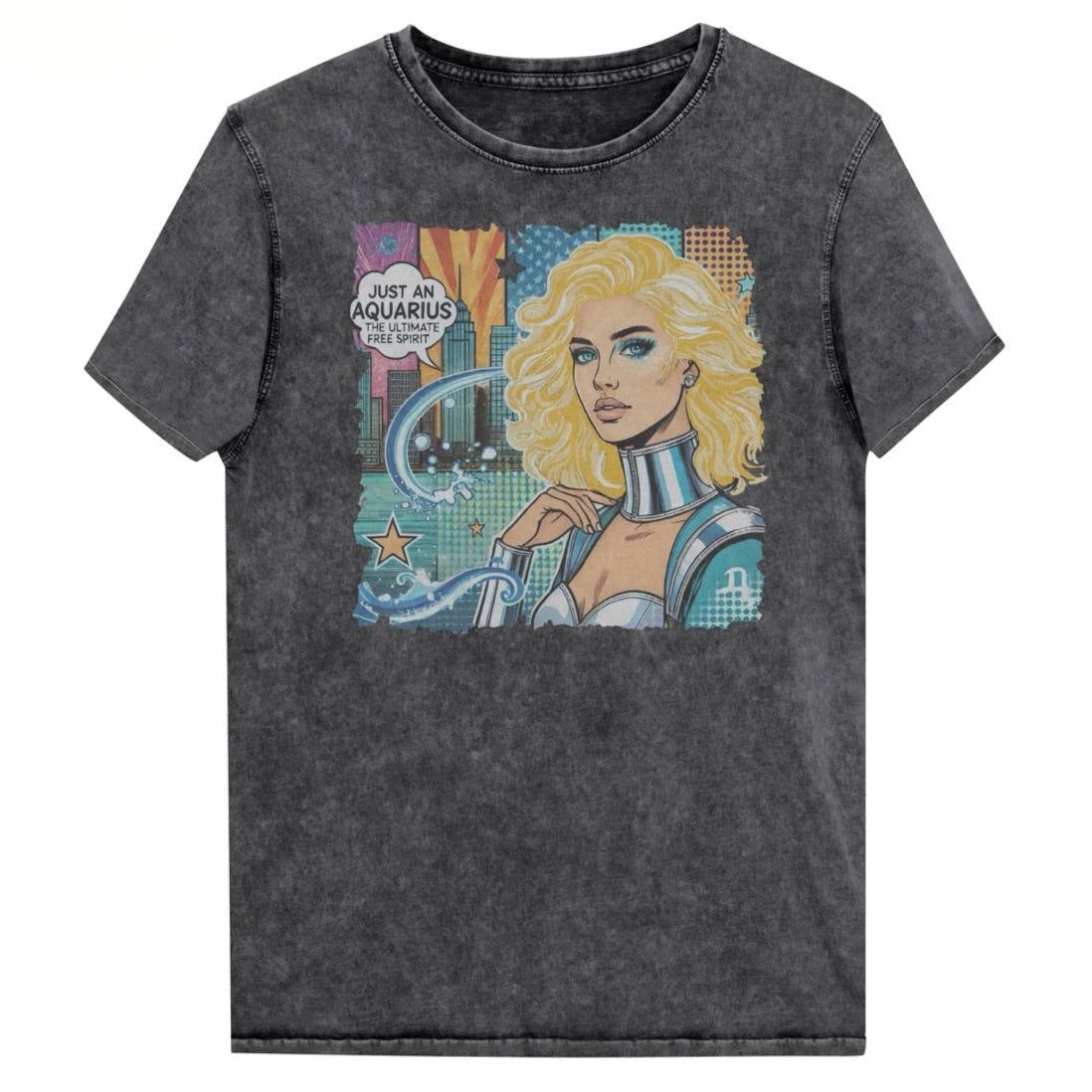 Flatlay of a black denim vintage denim-wash unisex t-shirt with a retro pop-art Aquarius graphic showing the head and shoulders of a blonde woman with blue highlights wearing a sci-fi type silver choker and outfit, with a city background with tentacles and stars captioned, "Just an Aquarius, the ultimate free spirit". Branded Redblonde in red on inside neck and right shoulder