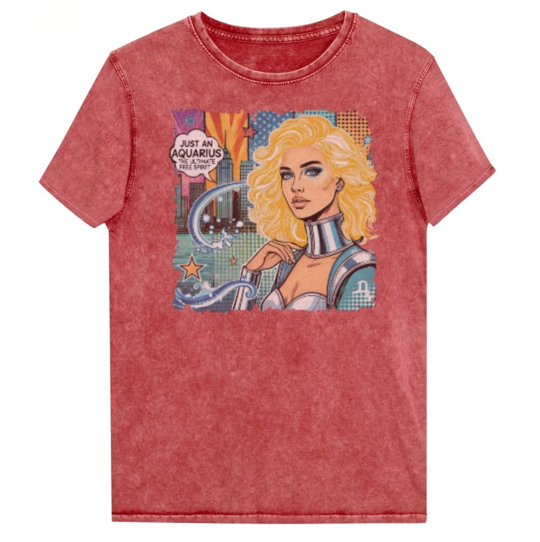 Flatlay of a garnet red denim vintage denim-wash unisex t-shirt with a retro pop-art Aquarius graphic showing the head and shoulders of a blonde woman with blue highlights wearing a sci-fi type silver choker and outfit, with a city background with tentacles and stars captioned, "Just an Aquarius, the ultimate free spirit". Branded Redblonde in red on inside neck and right shoulder