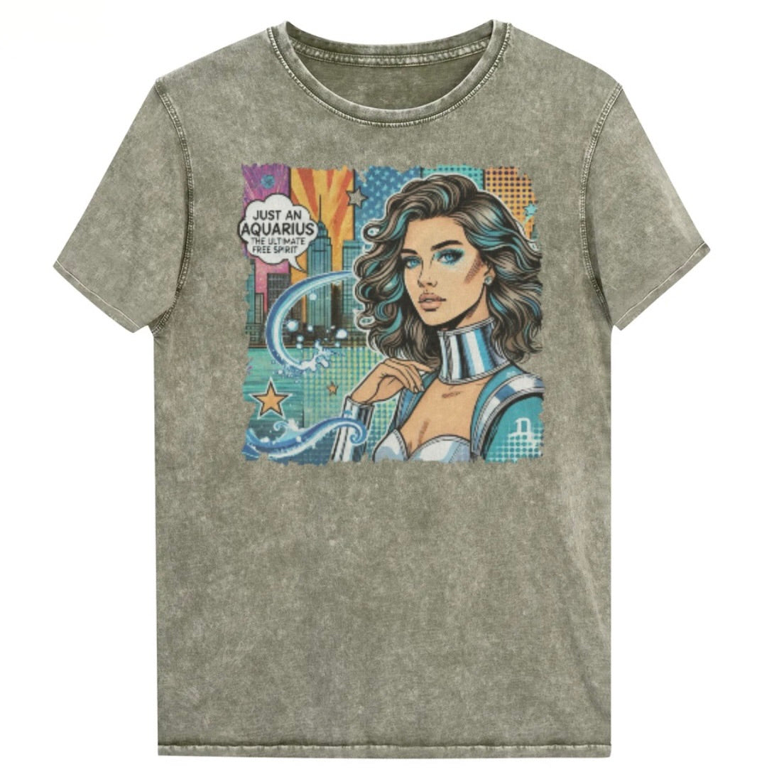 Flatlay of an army green vintage denim-wash unisex t-shirt with a retro pop-art Aquarius graphic showing the head and shoulders of a brunette woman with blue highlights wearing a sci-fi type silver choker and outfit, with a city background with tentacles and stars captioned, "Just an Aquarius, the ultimate free spirit". Branded Redblonde on inside neck and right shoulder