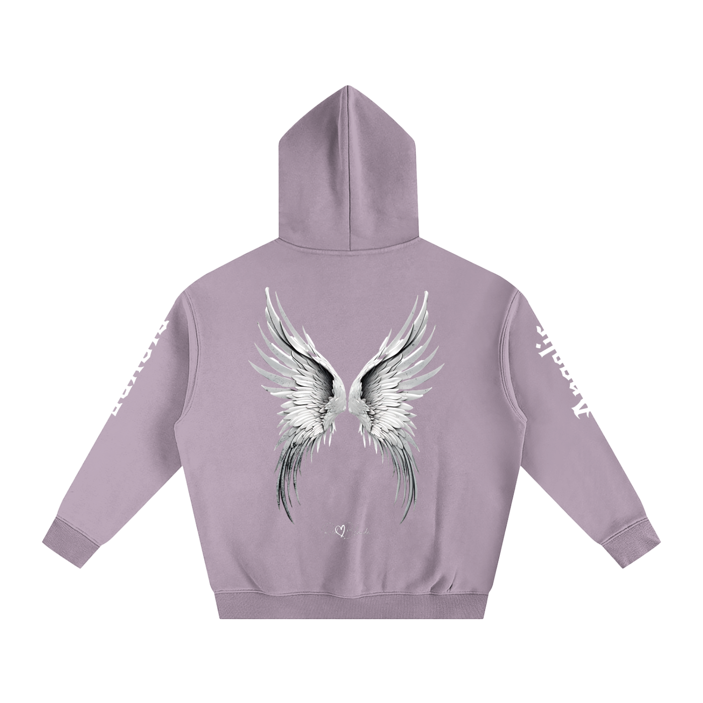 Back view of a lavender hoodie featuring large silver angel wings printed across the back, with black RedBlonde signature logo underneath. Each sleeve features gothic New Rockstar font graphic text  one sleeve says 'Angelic' and the other 'Blonde' 